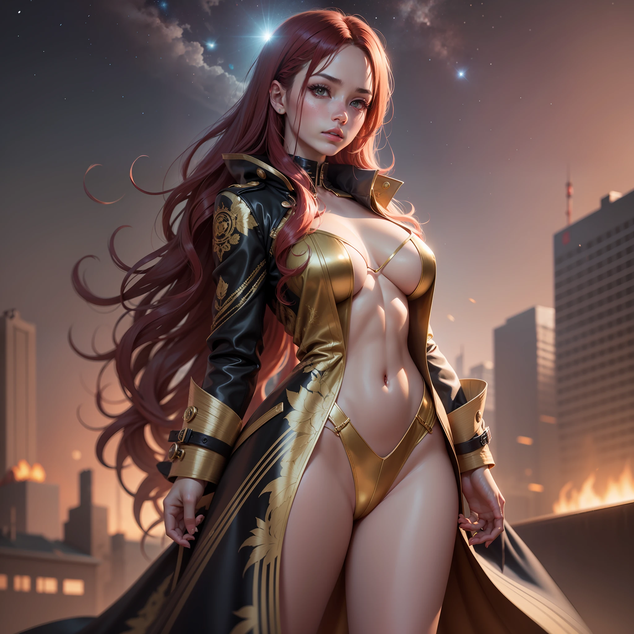 1girll, red pupils，Red long-haired，crisp breasts，Convex buttocks，Bare legged，black heels，White bandeau dress decorated with gold patterns，He wears a black trench coat，There is a red laser sword in his hand，starrysky，kosmos，Detailed background，Clothing details，perfectly proportioned, Cinematic lighting, filmgrain, Fuji colors, lightand shade contrast, 8K, 巨作, Textured skin, Super detail, high detal, high qulity, A high resolution,