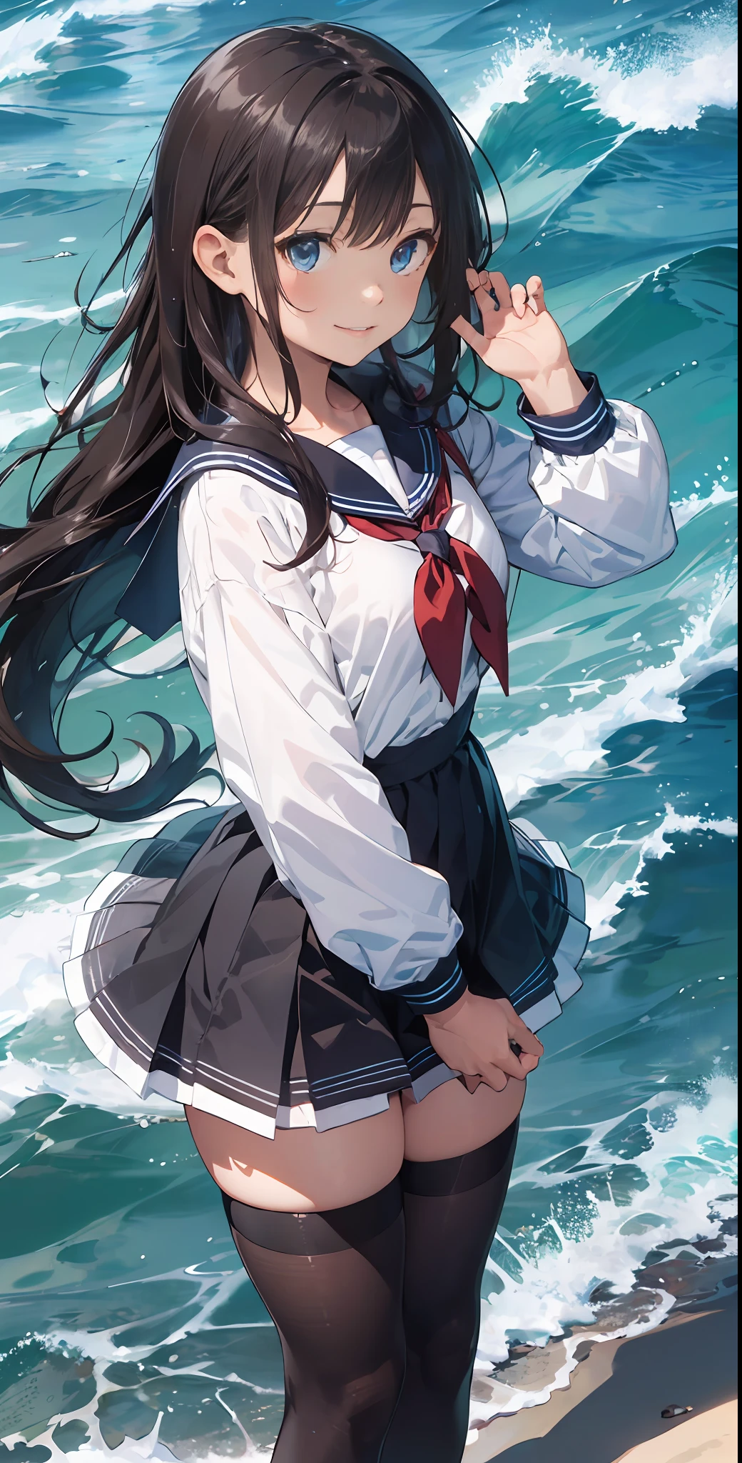 1girll, Beautiful detailed eyes, Brown hair long, Light blue eyes, a sailor suit, High white stockings, Glossy glossy skin, Seaside, beach, Waves, High contrast,ssmile,Side Body,Turn Back,no head gear,Black JK skirt, ((Masterpiece, Best quality))