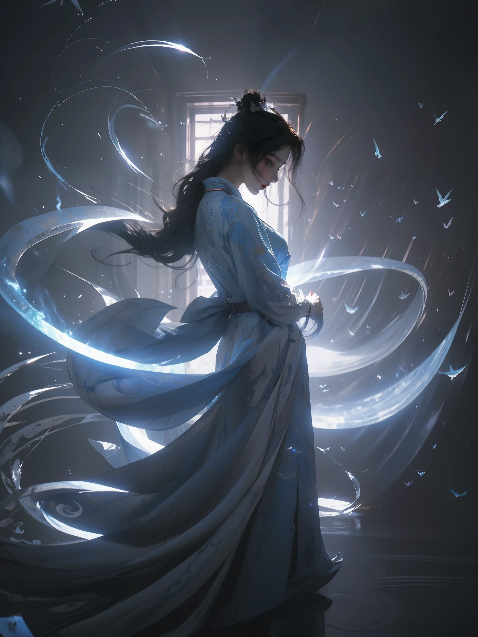 Anime characters in white robes,There are blue flames in the air, Alice X. zhang, Ross Tran 8 K, female mage conjuring a spell, Inspired by Feng Zhu, shadowrun splash art, ross tran and bayard wu, fractal thunder dan mumford, painted in the style arcane, Feng Zhu concept art, dan mumford tom bagshaw