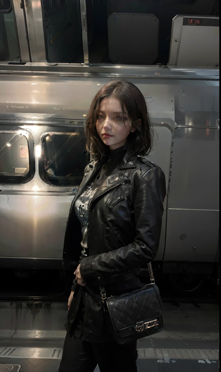 woman standing in front of a train with a black purse, style of julia razumova, olga buzova, alina ivanchenko, wearing cyberpunk leather jacket, with short hair, she wears leather jacket, 🚿🗝📝, moleksandra shchaslyva, park shin hye as a super villain, inspired by Tang Sin Yun Sandara