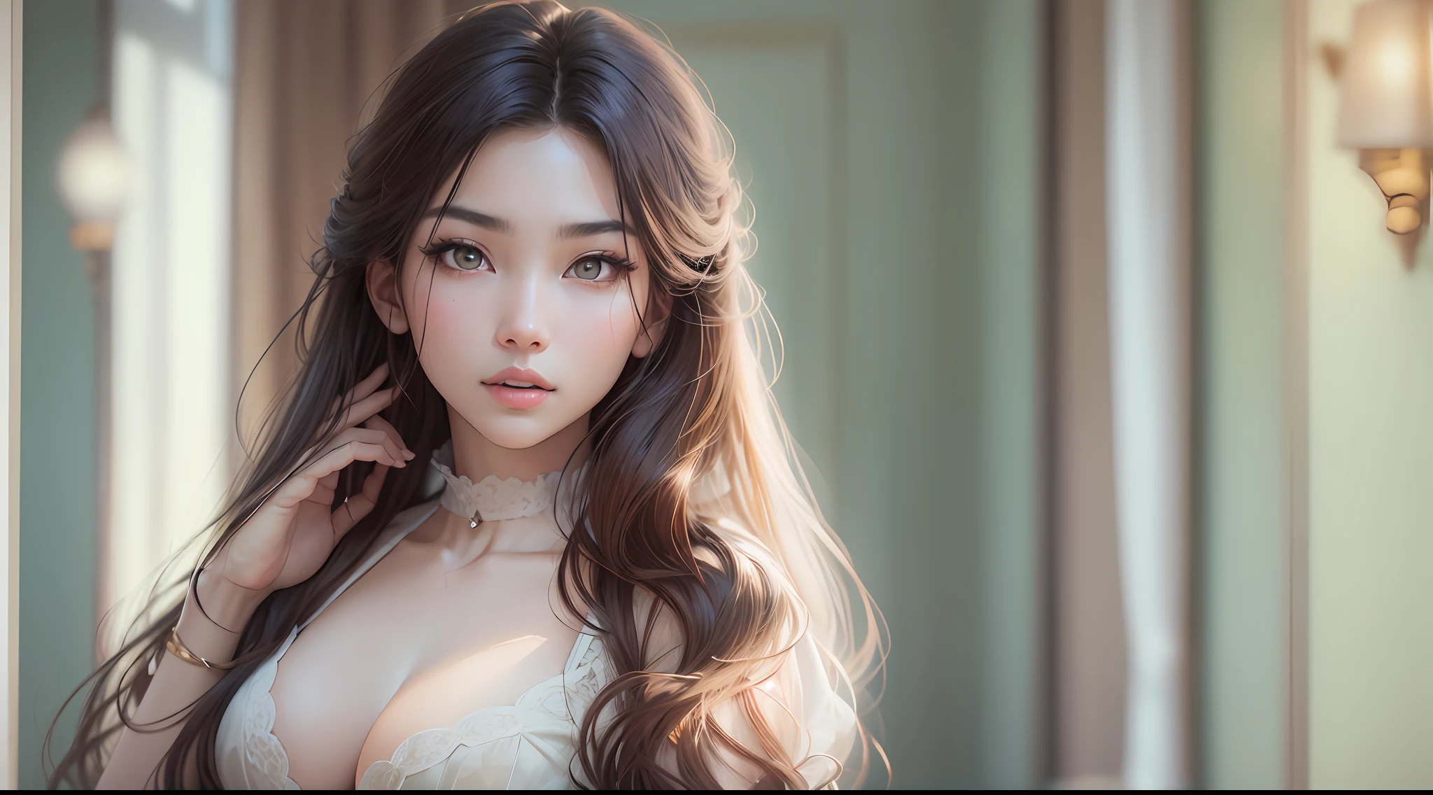 (Realistic lighting, Best quality, 8K, Masterpiece: 1.3)), asian, height 170cm, a pretty woman with perfect figure: 1.3, dark brown hair, body in details, in the bedroom, highly detailed face, highly detailed skin, highly detailed eyes, double eyelids, Super fine face, Fine eyes, real face, full body