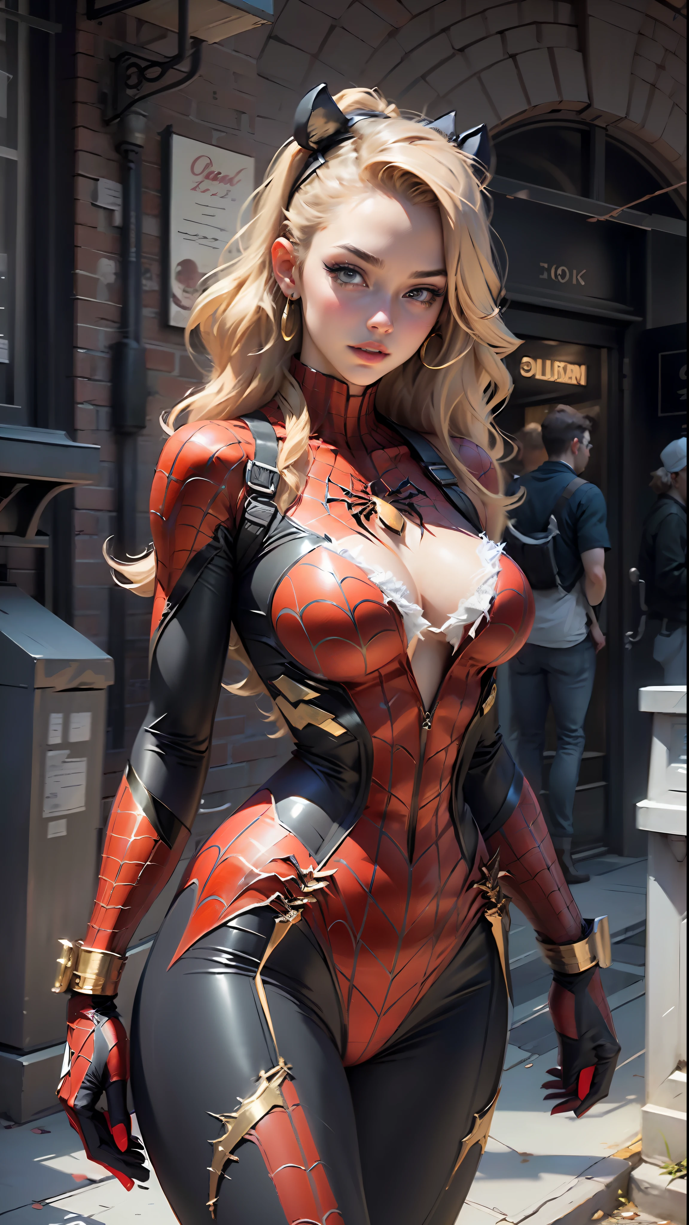 Beautiful blonde woman detailed defined body using gold spider man cosplay, huge breasts