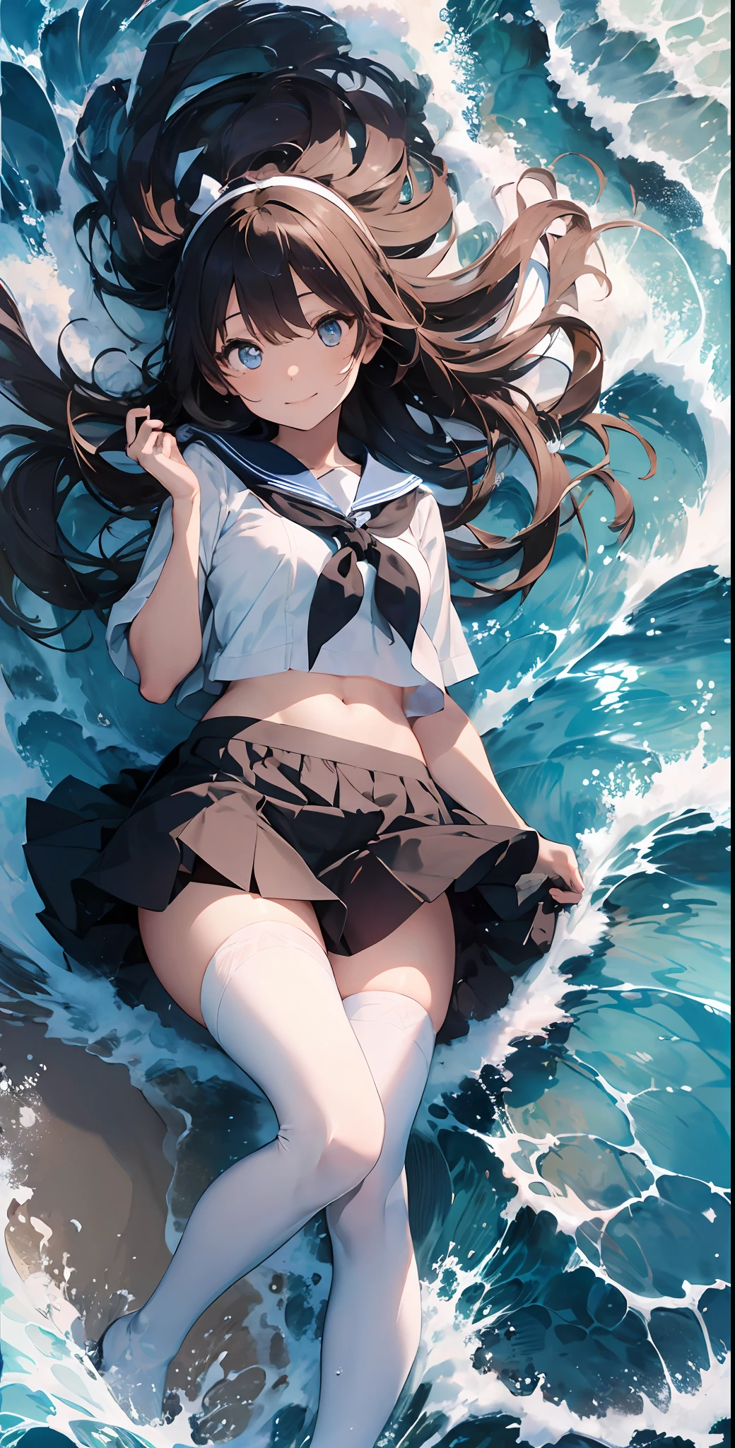1girll, Beautiful detailed eyes, Brown hair long, Light blue eyes, a sailor suit, High white stockings, Glossy glossy skin, Seaside, beach, Waves, High contrast,ssmile,Side Body,Turn Back,no head gear, a black skirt,((Masterpiece, Best quality))