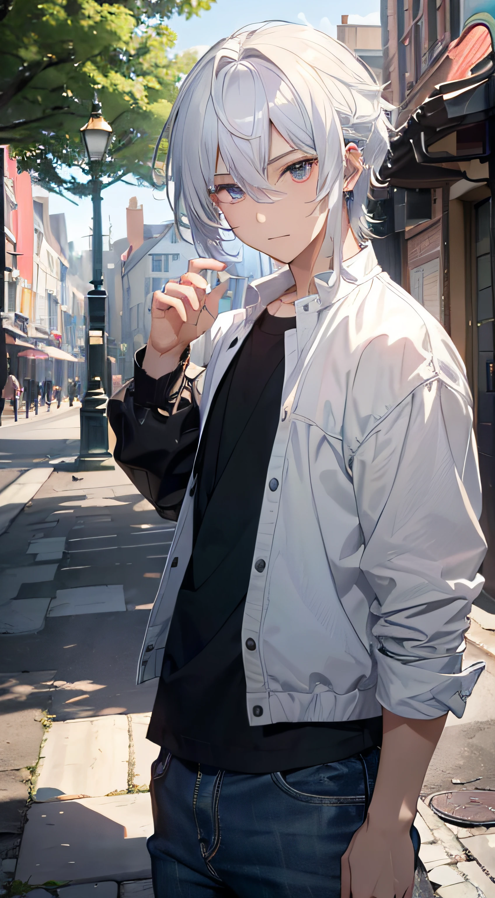 (absurderes、hight resolution、ultra-detailliert、HDR)、masterpiece、top-quality、male 、独奏、a handsome、shorth hair、white hair、finely eye and detailed face、Casual clothing、Real Shadows、joy、Connecting ears、