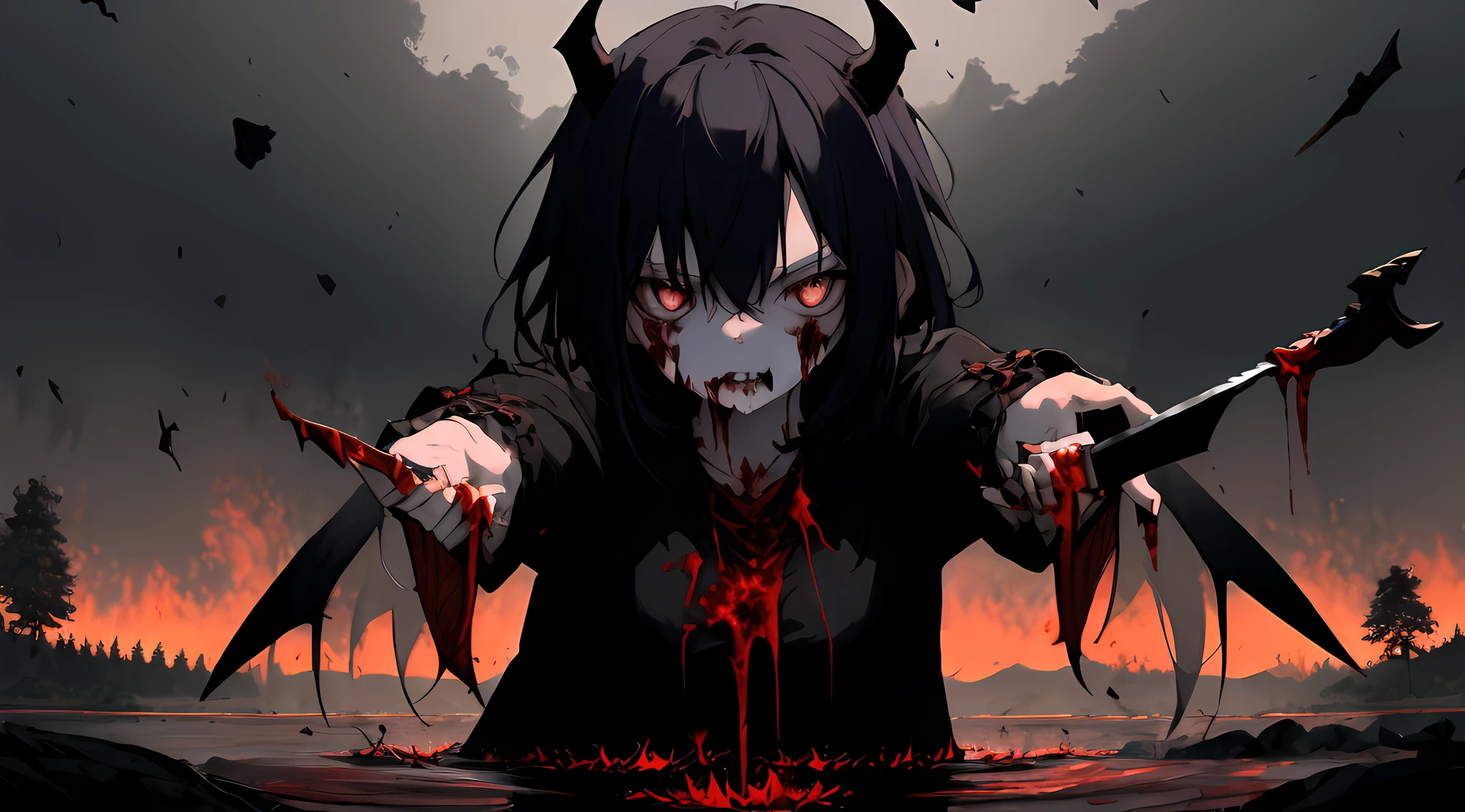 Anime girl just finished killing in a gloomy hell，With a bloody knife，Look at it with lonely eyes，There were countless pairs of demon eyes in hell looking at her，There were bloody corpses all around, The demon's hands stretched out from the blood-colored lake