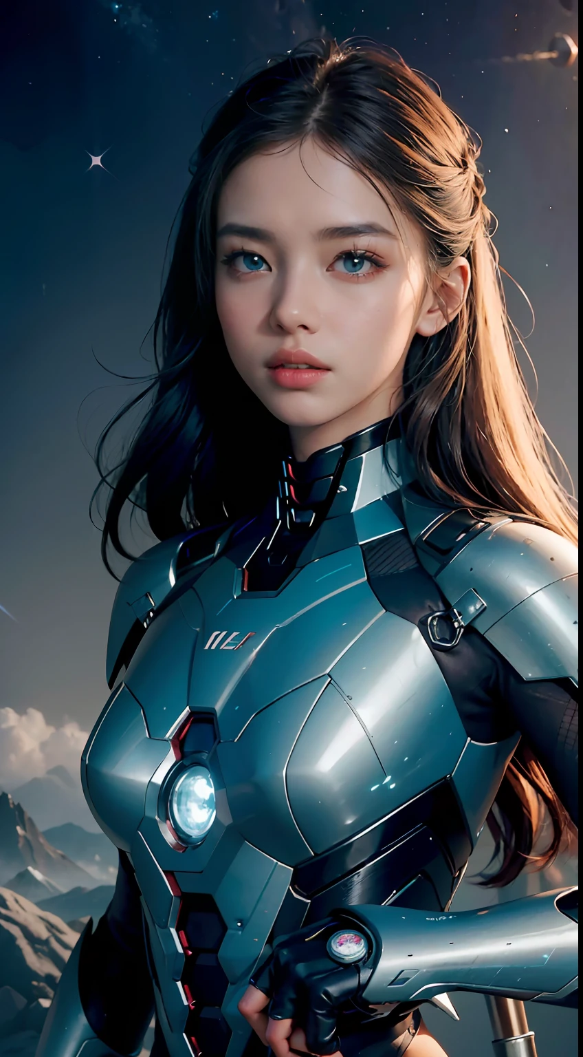 tmasterpiece，ultra fine photos，best qualtiy，超高分辨率，Photoreality，overcast day，full-body portraits，stunningly beautiful，，dynamicposes，delicated face，vibrant eyes，（seen from the side），She wears a futuristic Iron Man mech，Green and blue color scheme，Very detailed space background，detailed face with，Detailed and simple spaceship background，untidy，opulent，milkyW，Highly detailed skin，Realistic details of skin，Visible Pore，tack sharp focus，volume fog，8k uhd，digital SLR camera，high qulity，filmgrain，White skin of the，photo-realism