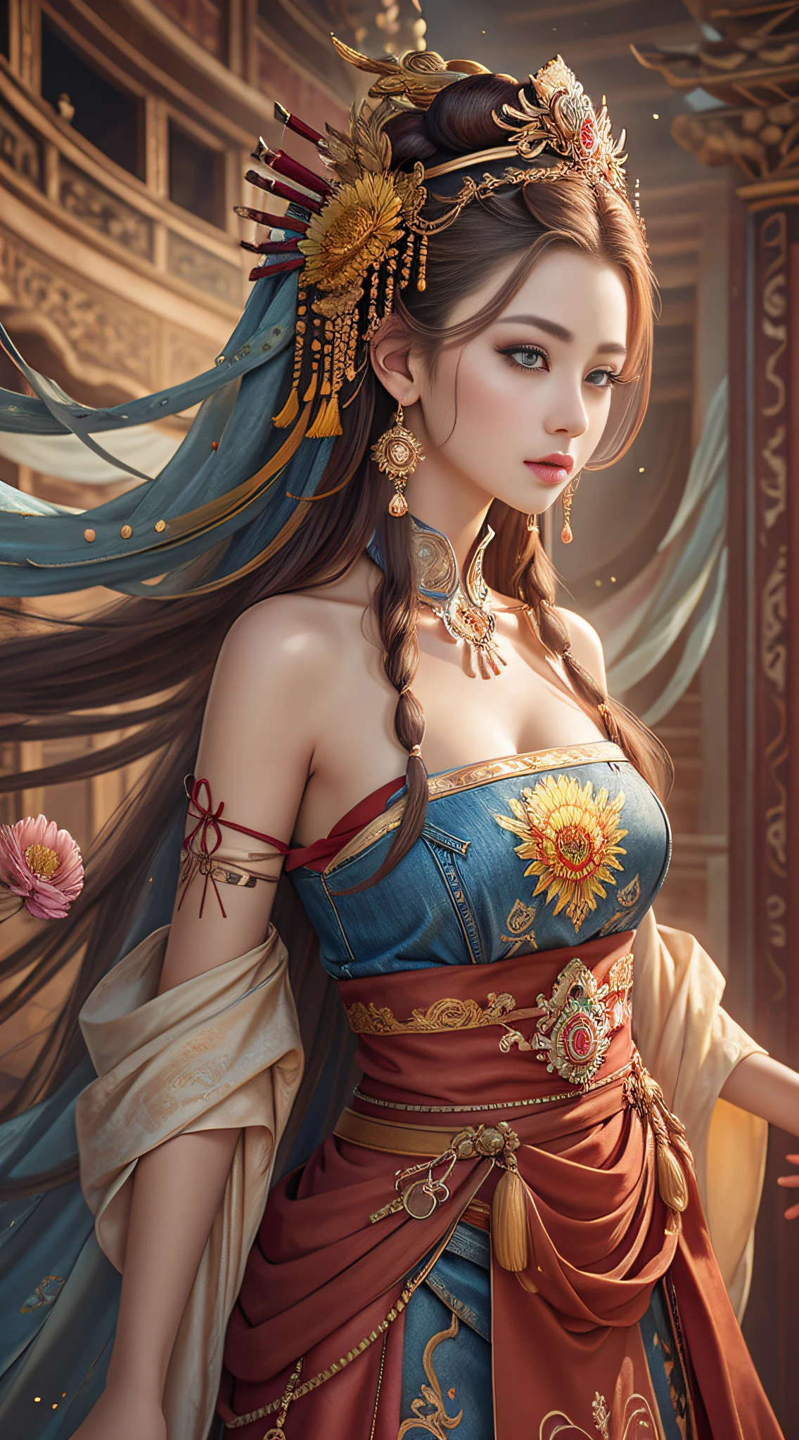 Best quality, masterpiece, ultra-detailed high resolution, (realistic: 1.4), original photos, illustrations,
1 Girl Holding Weapon, (Solo Exhibition: 1.2), (Denim Lens: 1.2), (Hair Crown: 1.2), Chinese Dunhuang Traditional Costume, No Straps, (Red Eyeliner: 1.2), (: 1.4), Earrings, Dynamic Angle, Opera House, messy_long_hair, Ink, Movie Lights, lens_flare, Velvet, Chrysanthemum, Tassels, Ribbons, Color Embroidery,