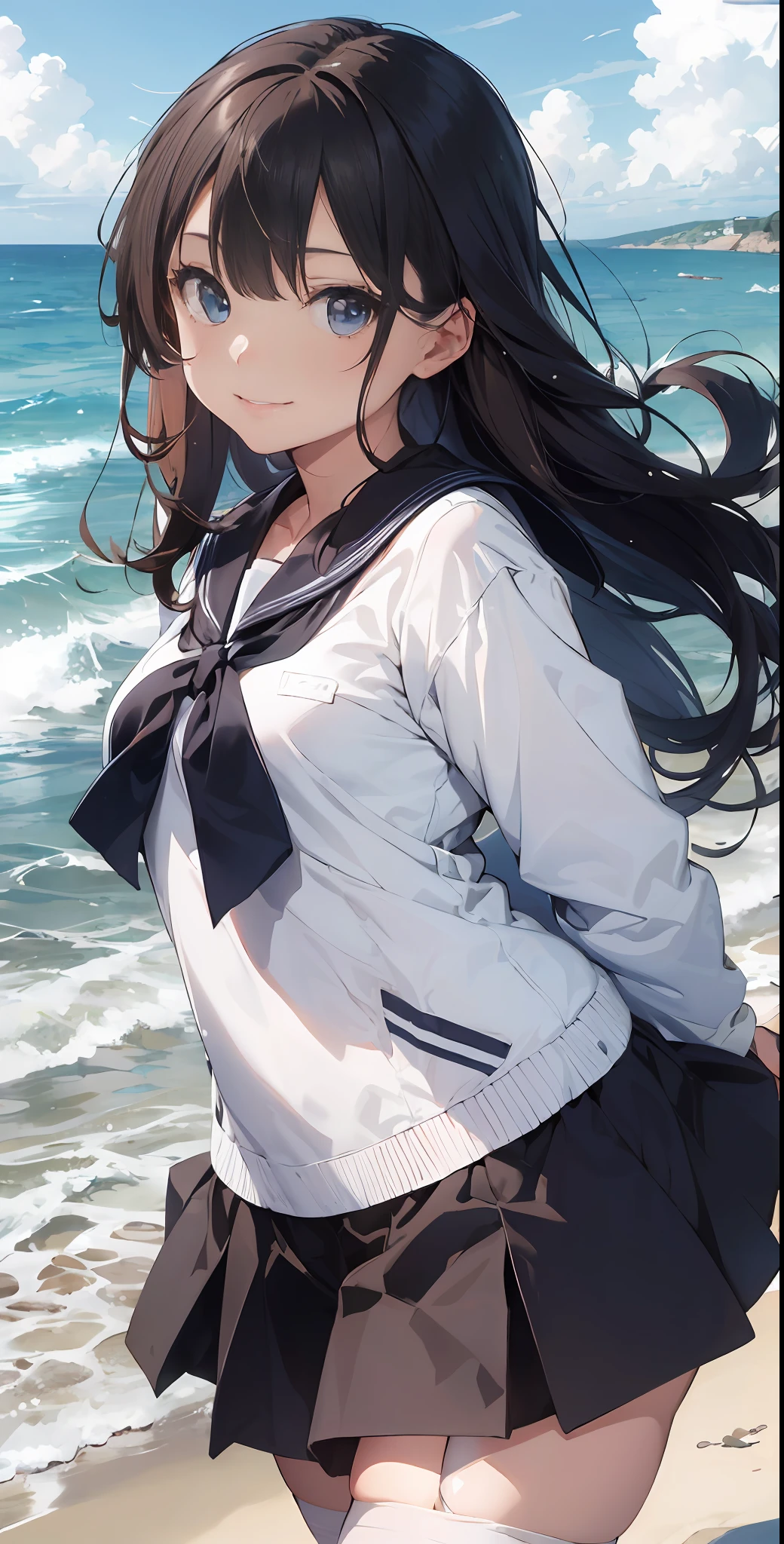 1girll, Beautiful detailed eyes, Brown hair long, Light blue eyes, a sailor suit, High white stockings, Glossy glossy skin, Seaside, beach, Waves, High contrast,ssmile，Side Body，Turn Back，no head gear， a black skirt，((Masterpiece, Best quality))
