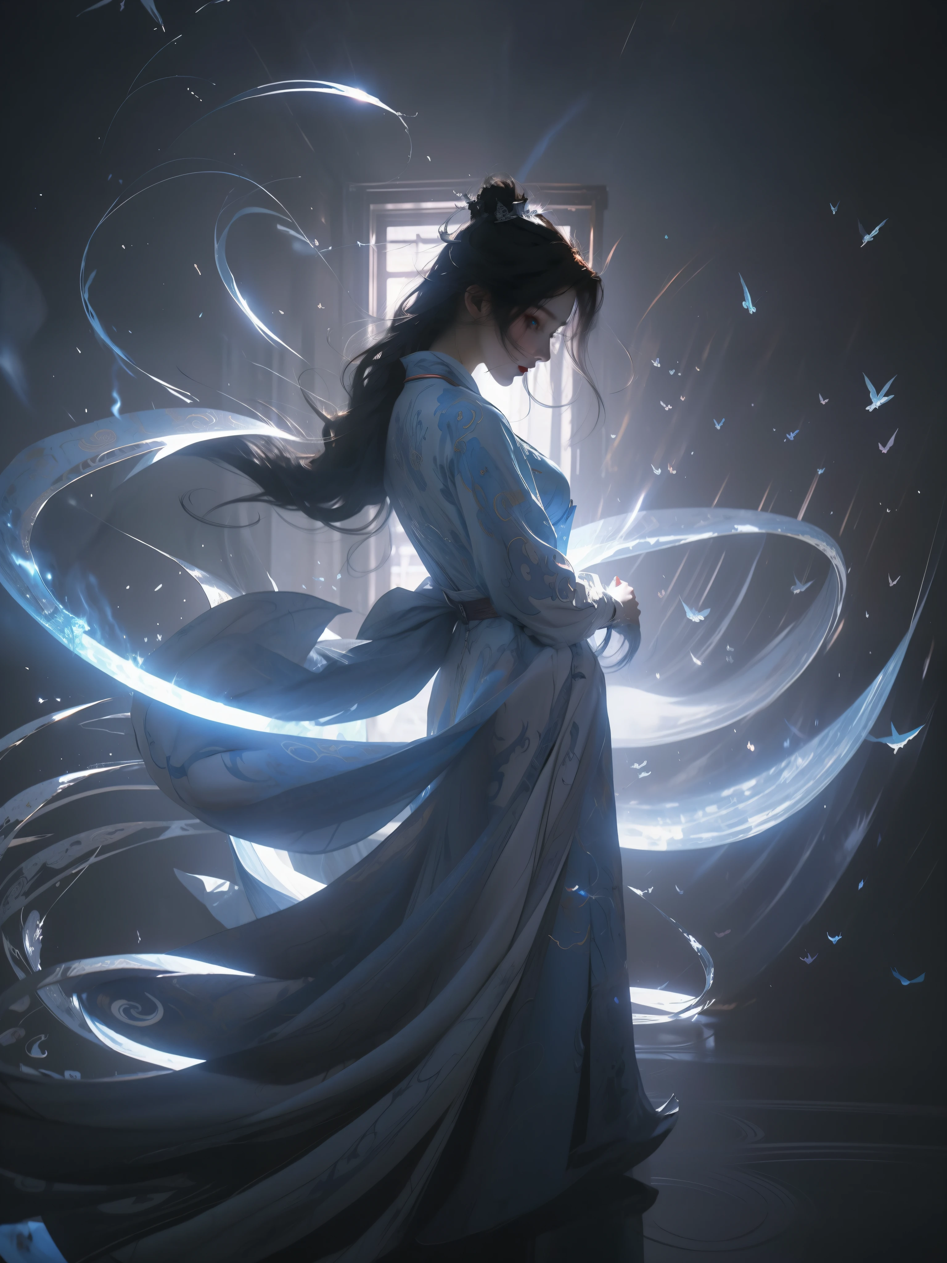 Anime characters in white robes,There are blue flames in the air, Alice X. zhang, Ross Tran 8 K, female mage conjuring a spell, Inspired by Feng Zhu, shadowrun splash art, ross tran and bayard wu, fractal thunder dan mumford, painted in the style arcane, Feng Zhu concept art, dan mumford tom bagshaw