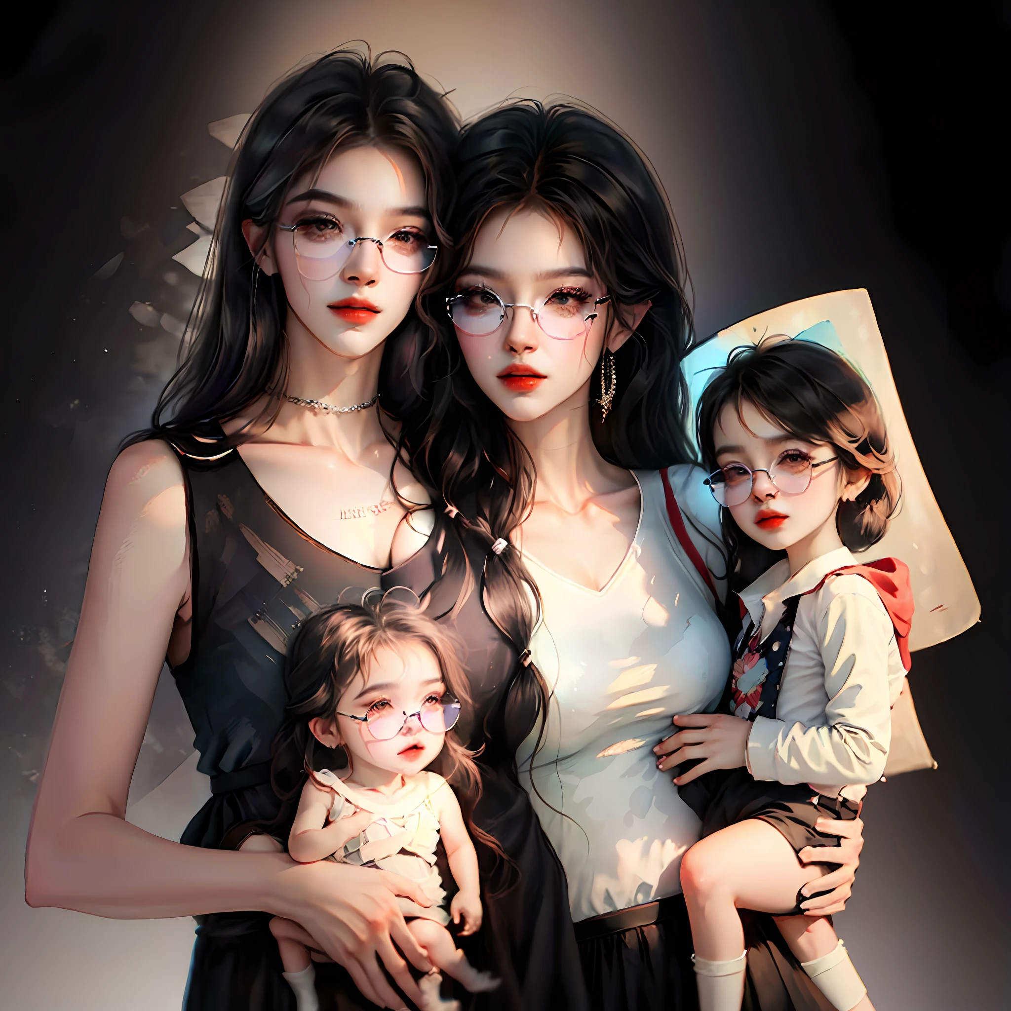 tmasterpiece，Best quality at best，Young couple hugging baby，Black hair，wears glasses，simplebackground --auto