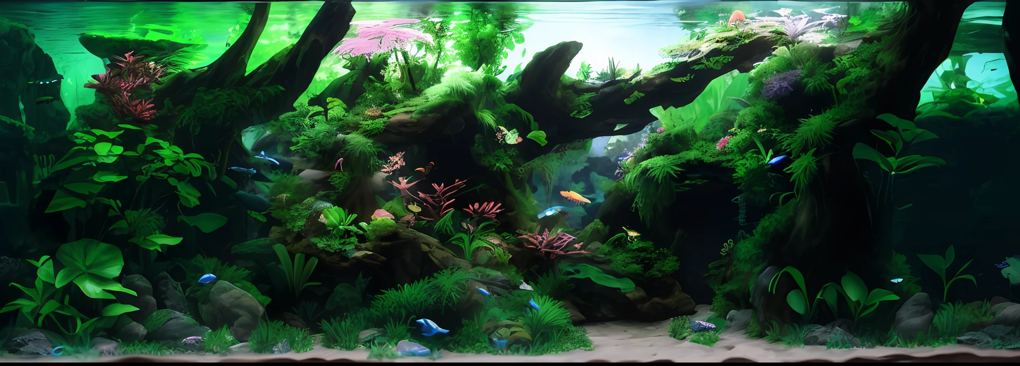 Hyper-detailing,hyper HD,Hyper-detailing,best qualtiy,astounding,top Quority,the Extremely Detailed CG Unity 8K Wallpapers,cinmatic lighting,There is a fish tank,Inside there are plants and rocks, View of Iwaguchi Aquarium, fish tank, Beautiful environment, Aquarium life, Aquarium, big aquarium, river with low hanging plants, overgrown with aquatic plants, Lush surroundings, Water flows inside the terrarium, overwhelming depth and detail, Peaceful environment, high light on the left, big breasts beautiful!the wallpaper, Lake, zori, ln the forest, Detailed forest,the rainforest, Clouds, tmasterpiece, cinematic ligh, softlighting, depth of fields, Ray traching, reflection in water, hentail realism, Ulla detailed,hdr,Realistic lighting,Photoreality,Global Ray Tracing
