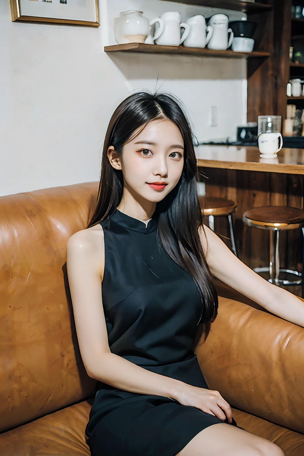 asian young woman in a black dress sitting on a couch, gorgeous young korean woman, beautiful young korean woman, beautiful south korean woman, korean girl, female korean idol, young adorable korean face, gorgeous chinese model,korean woman, young cute wan asian face, jaeyeon nam, beautiful asian girl, fashion posing, vintage coffee shop