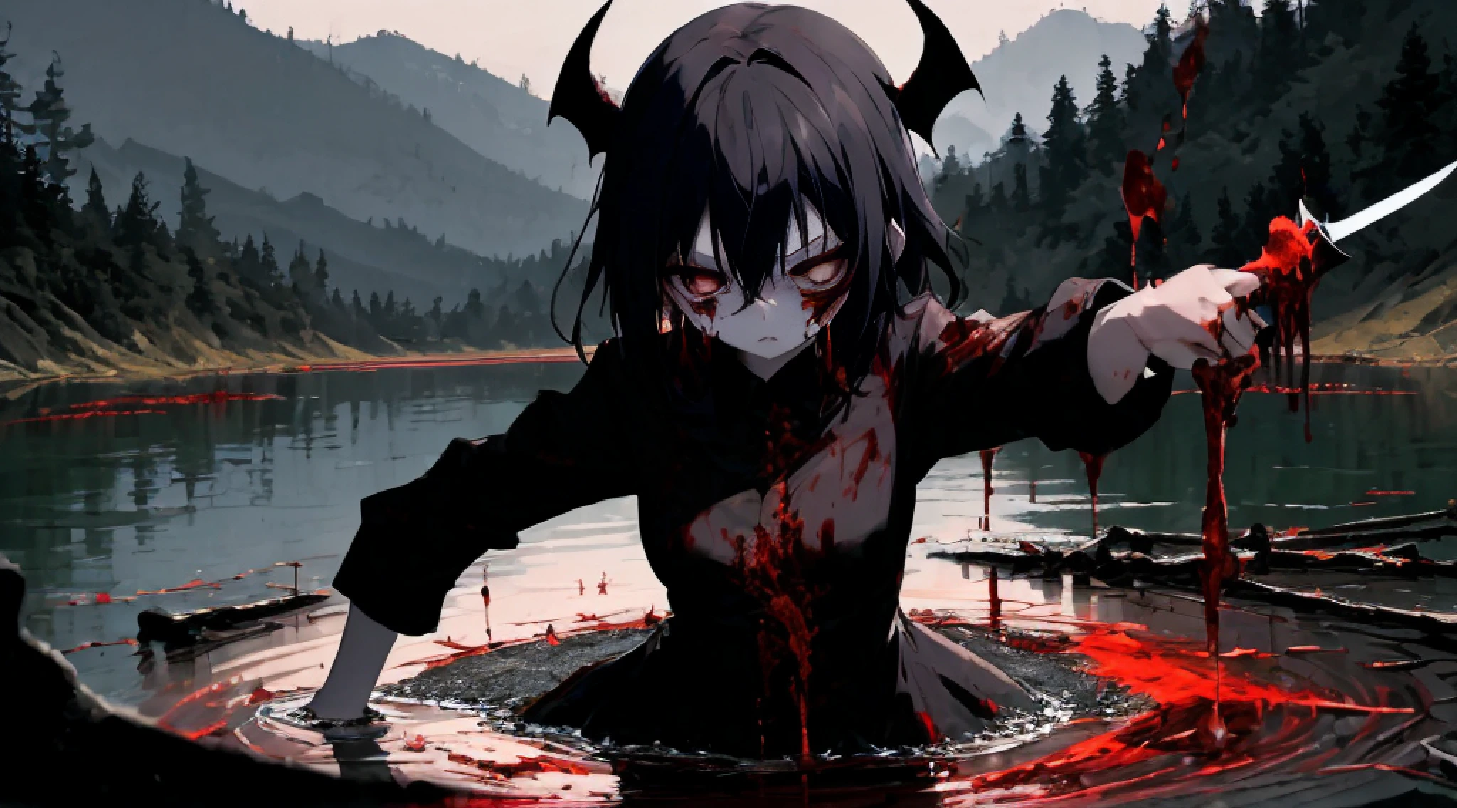 Anime girl just finished killing in a gloomy hell，With a bloody knife，Look at it with lonely eyes，There were countless pairs of demon eyes in hell looking at her，There were bloody corpses all around, The demon's hands stretched out from the blood-colored lake