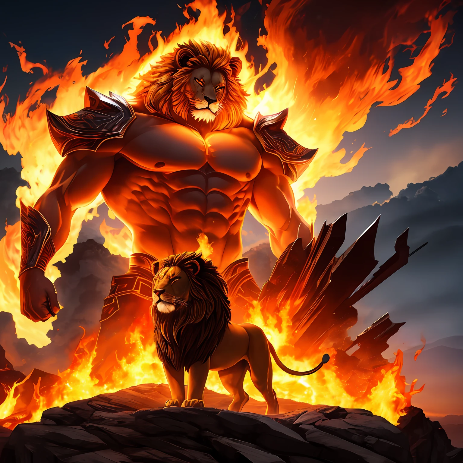 tmasterpiece，超高分辨率，A mighty male lion stands on the top of the mountain，Raise your head to the sky and roar，The sound is Megatron，Blonde hair，The body glows，Light，The silhouette is full of flames，large flames，The sky is all fire，Artistic realism，