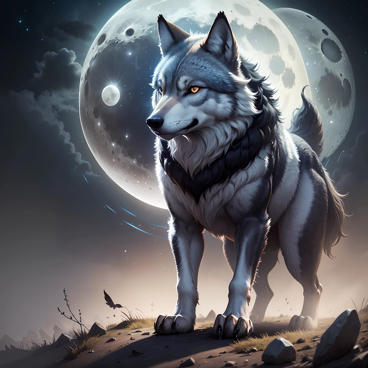 a  wolf in a surreal fantasy landscape, moonlit night, two moon, intricate details, realistic texture --auto --s2