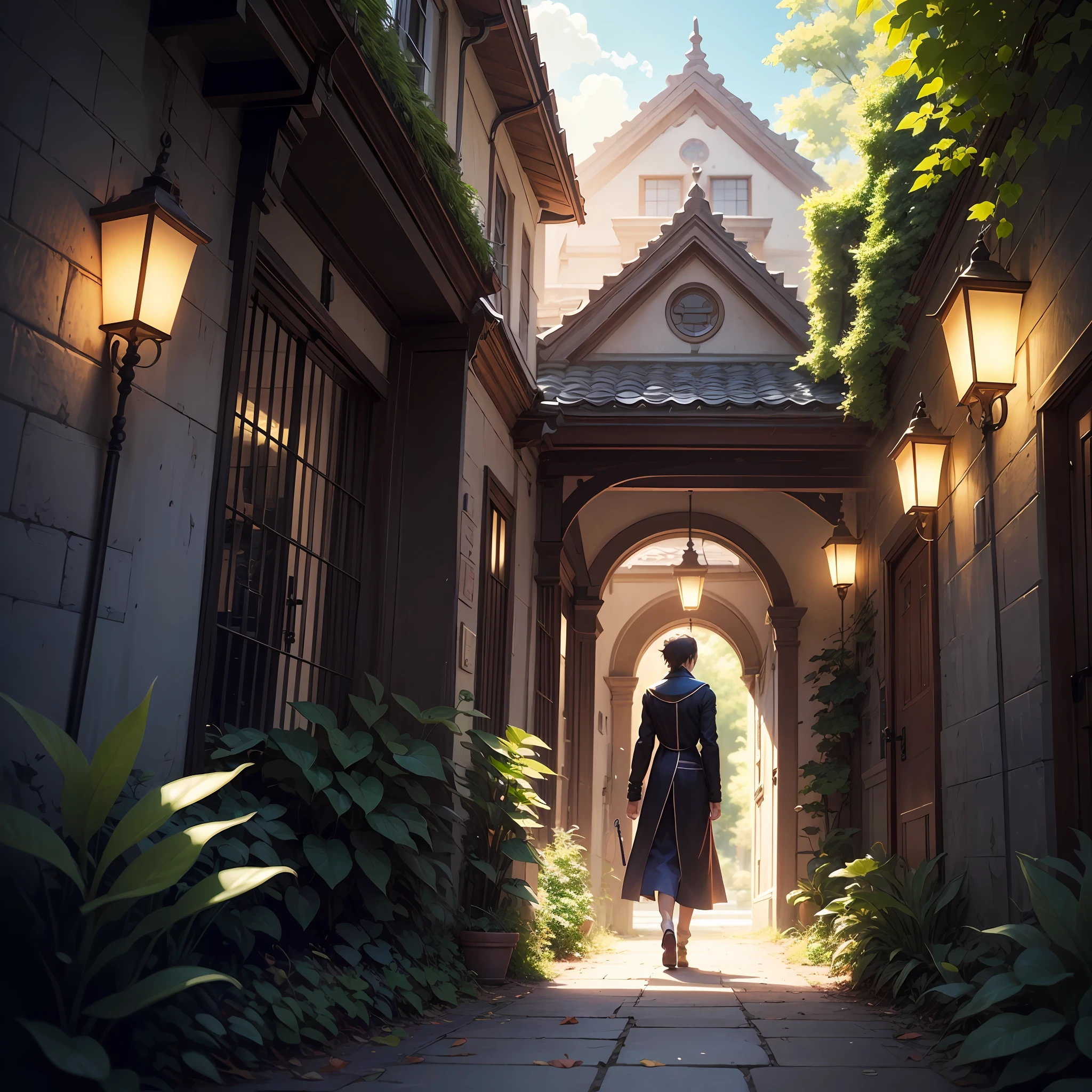 No man's land，trpical garden，Shade lights，Sky lantern，Volumetriclighting，Plant branches and leaves，color difference，lightand shade contrast，visual novel key visual, key art, anime key visual concept, Epic light novel art cover, key visual, anime key art, anime key visual of elegant, light novel cover art, Key anime art, anime background key visual, anime key visual concept art of, Official anime artwork, anime key visual” --auto