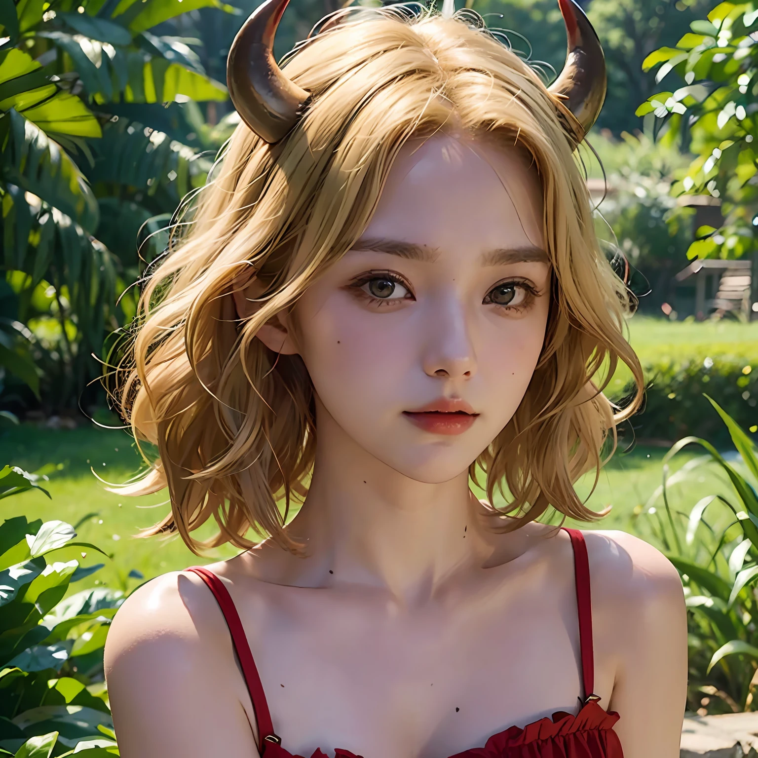 Short-haired woman, blonde hair, wavy hair, two red devil horns on her head, sungrass down, real photo, 4k --auto