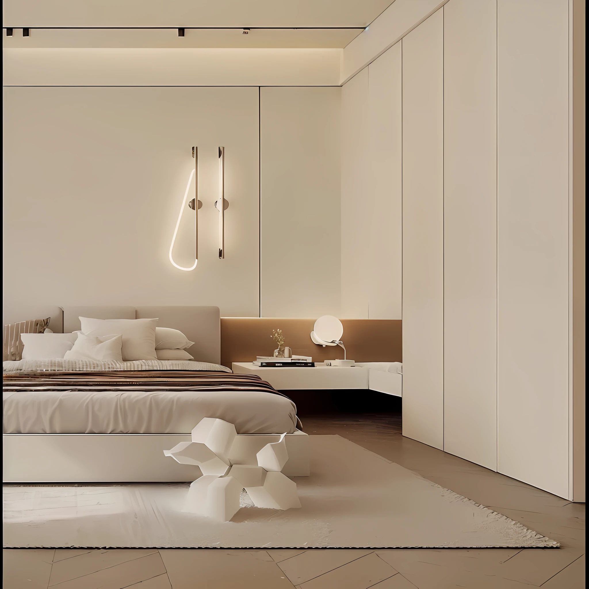 There was a bed with a white bed and a white chair, crisp lighting and edges, glowing white accent lighting, A bright room, all white render, minimalistic and beautiful, Neon accent lights, neutral flat lighting, cream - colored room, rendered lighting, white accent lighting, Bed room, Vibrant atmosphere and lighting, muted colors with minimalism