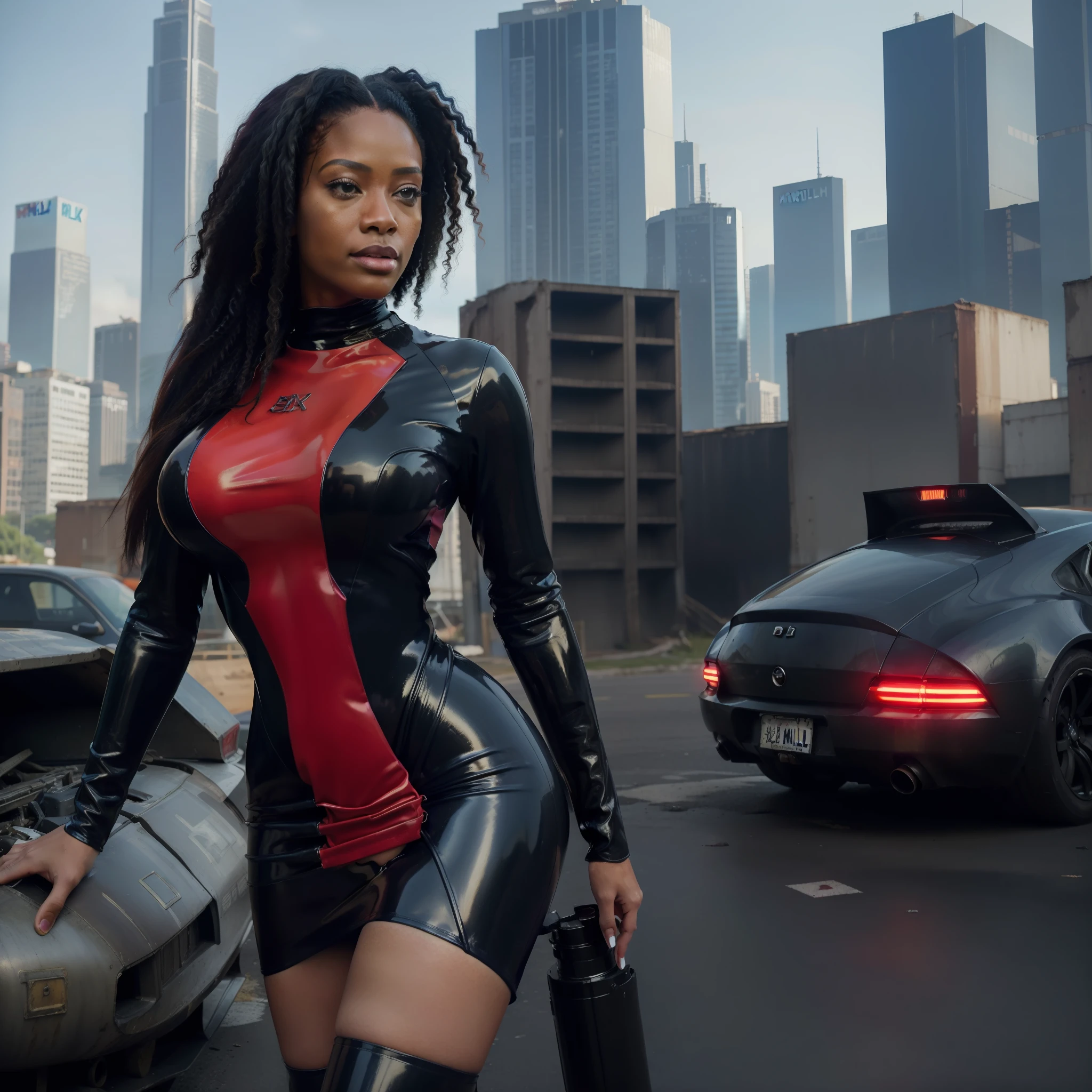 8k, ARTISTIC photography, best quality, masterpiece: 1.2), (realistic, photorealistic: 1.37)` Movie still from Videodrome movie directed by (David Cronenberg), (cyberpunk girl with a bazooka ), an ebony woman (((Moriah Mills))) , beautiful body, voluptuous body, perky breast (( dressed in a Futuristic latex dress )), (((over-detailed clothing))), (((the color of the clothes is Red ))), posing, in junkyard with a futuristic city in the .. background,(((pure 8K))), (((perfect anatomy))), extremely high-quality graphics, midday sunlight,