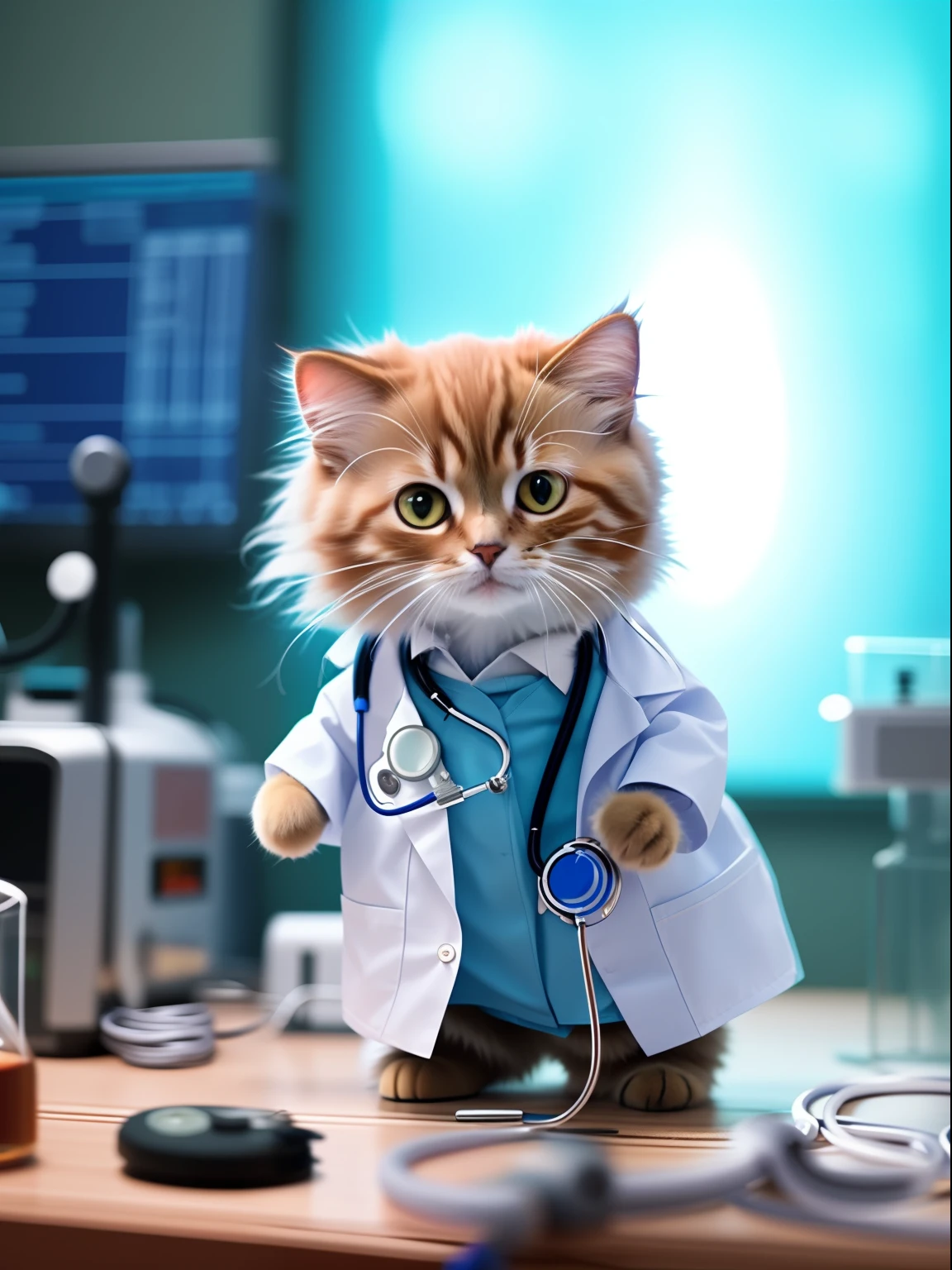 There is a cat dressed like a doctor, With a lab coat, Cat in a lab coat, doctor, Cat in a lab coat, Cat in lab coat, microscopic cat, wearing a lab coat, Wearing a lab coat, the doctor, wearing a lab coat, adolable, (doctor), with a stethoscope