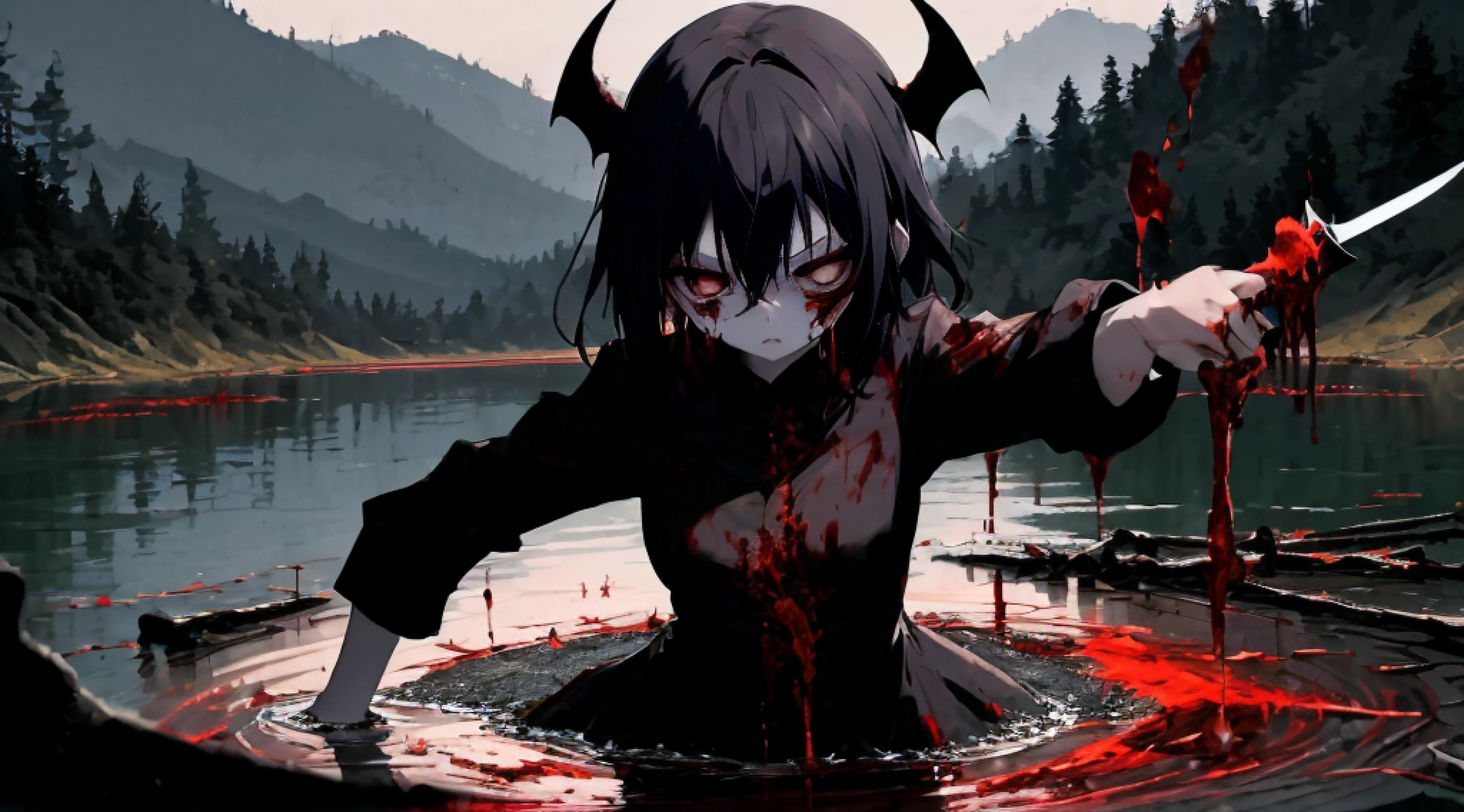 Anime girl just finished killing in a gloomy hell,With a bloody knife,Look at it with lonely eyes,There were countless pairs of demon eyes in hell looking at her,There were bloody corpses all around, The demon's hands stretched out from the blood-colored lake