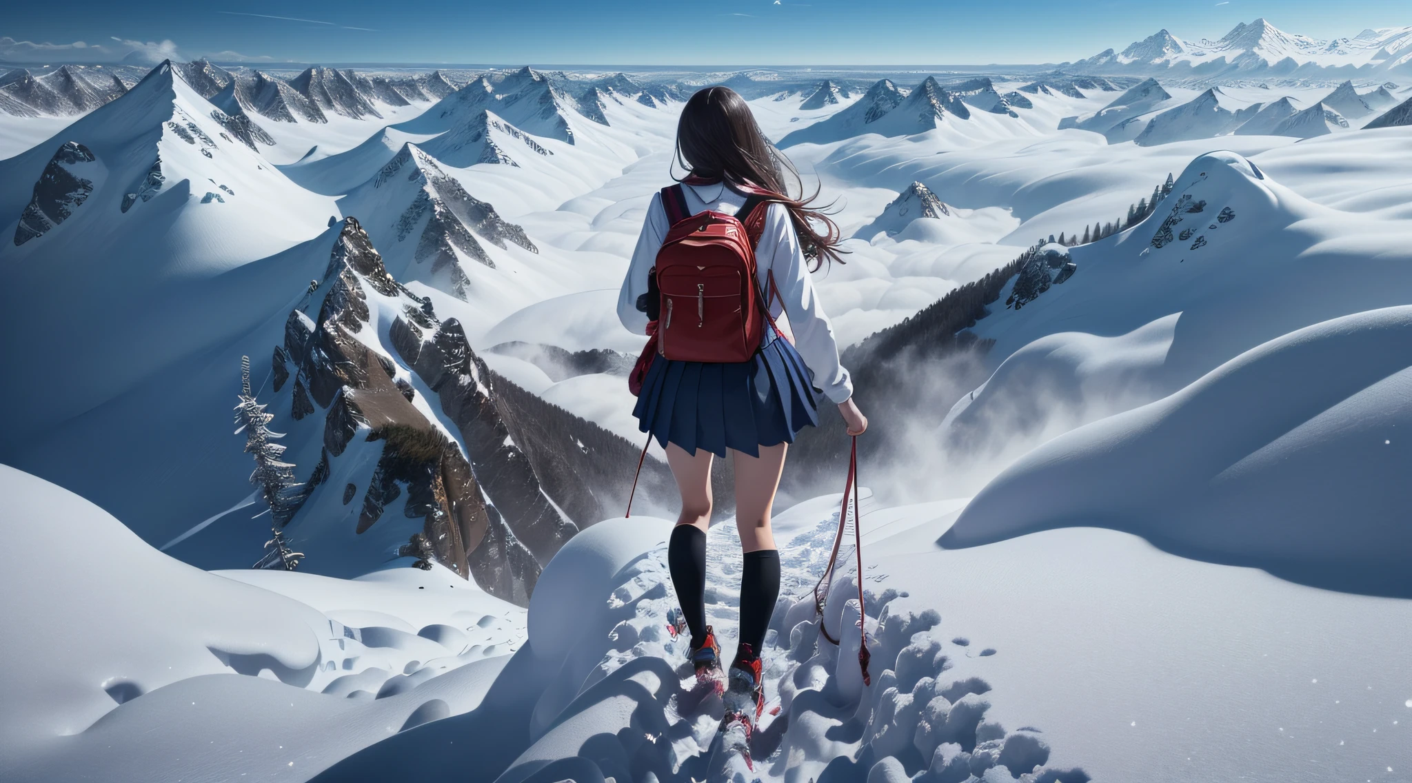 (masterpiece), (best quality), (ultra-detailed), (Amazing:1.1), 12mm f2.8 lens, day time, The view from the top of the mountain, the sea of clouds, ((((full body), back shot, climbing))), ((((A high school girl with a full body back shot in the deep snow mountain)))), (((((without looking at me))))), ((A beautiful high school girl lost in a surreal world of dreamlike landscapes)), (17 yr old), (((deep snow mountain))), A high school girl who goes on a road without a road, wind flow, flowers bloom, (((wearing simple school uniform))), black hair, 8 life size, detailed hairstyles, detailed bodyline, (((fantasy))), frontier, surrealism, (magnificent space), concept art, raw, wallpaper, poster, sharp focus, hyperrealism, crystalline, perfectionism, 4k UHD,
