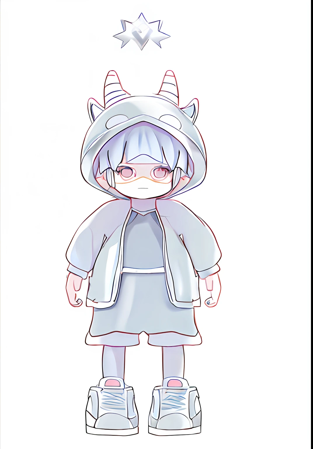 Draw cartoon characters with horns and dresses, clean anime outlines, flat anime style shading, Simple lines of art, clean lineart, Outline sketch, thick lineart, wearing a hood with pointy ears, contour drawing, Full body character drawing, girl design lush horns, thick black lineart, Line sketch, anime style character, linear art, chibi proportions