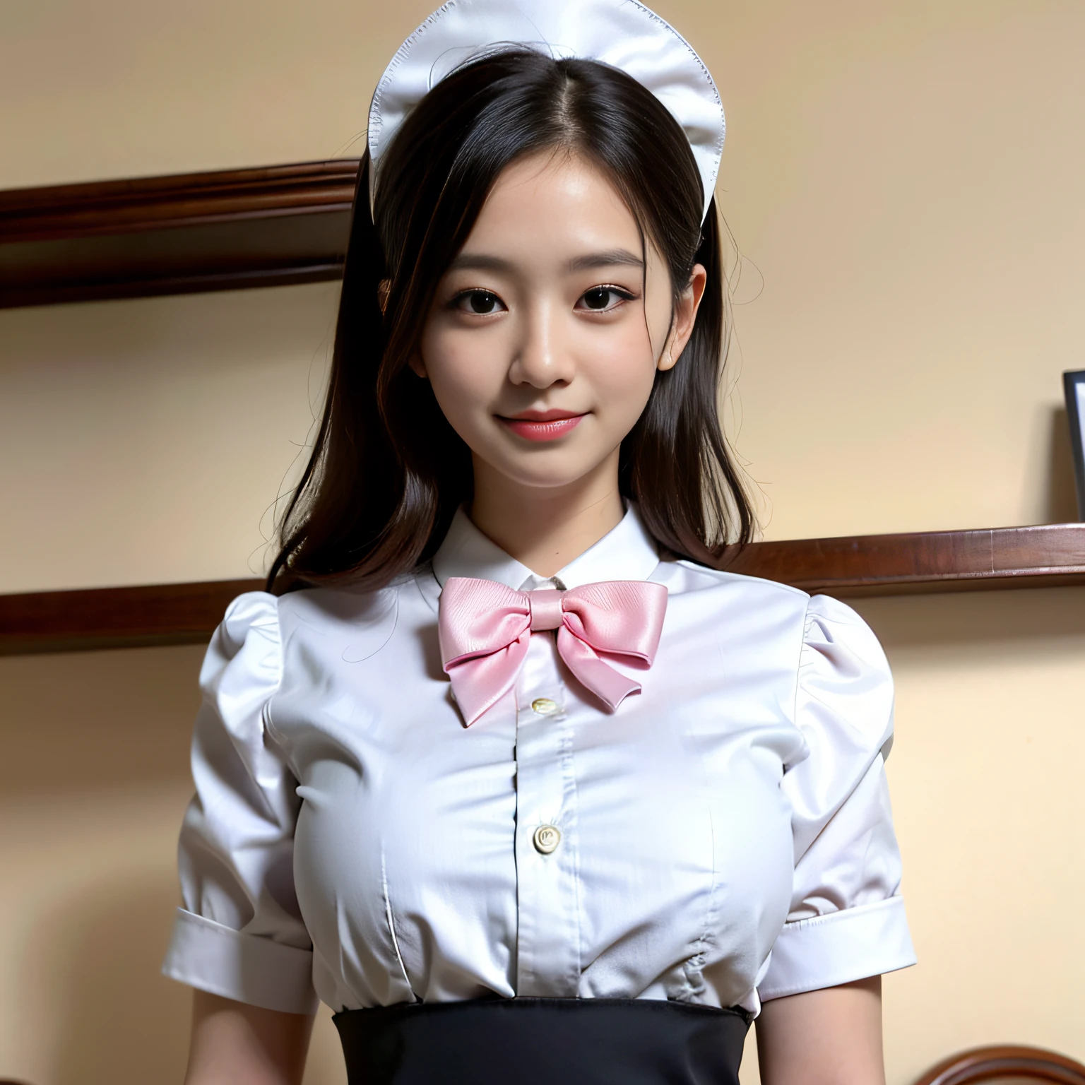 Arad woman poses for photo in white shirt and pink bow tie, ( Waitress ) Girl, wearing maid uniform, white waist apron and undershirt, girl in uniform, close up portrait shot, Yun Ling, elegant smiling pose, Handsome girl, smooth white tight clothes suit, beautiful Korean women, gorgeous maid, ruan jia beautiful!
