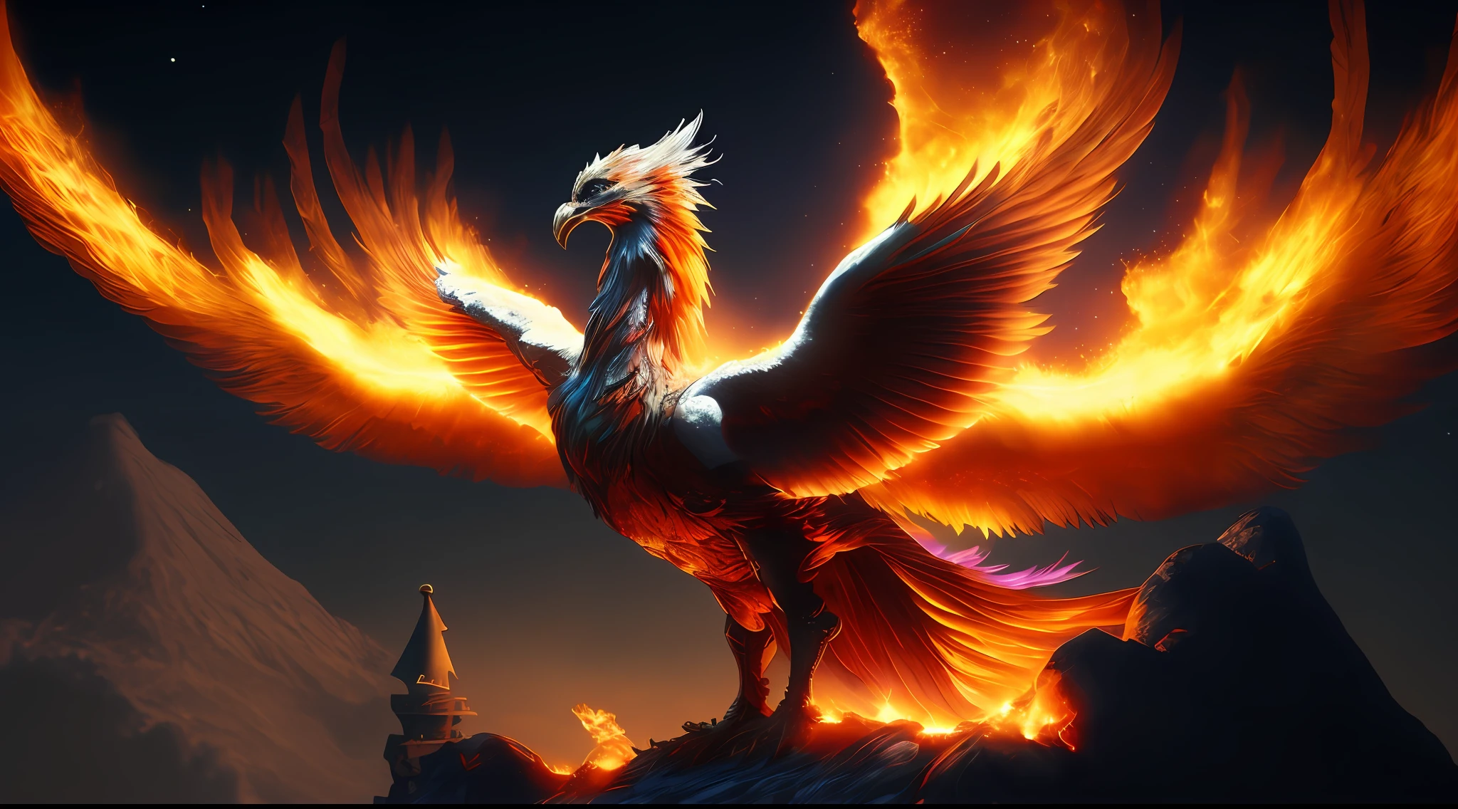araffe flying in the sky with a castle in the background, phoenix rising from the ashes, phoenix in fire, ''wallpaper of a phoenix, artwork of a phoenix, phoenix rising, ''wallpaper of a phoenix resting, phoenix dragon, fiery bird, the phoenix, phoenix warrior, phoenix-inspired, phoenix, marco the phoenix, with fiery golden wings of flame
