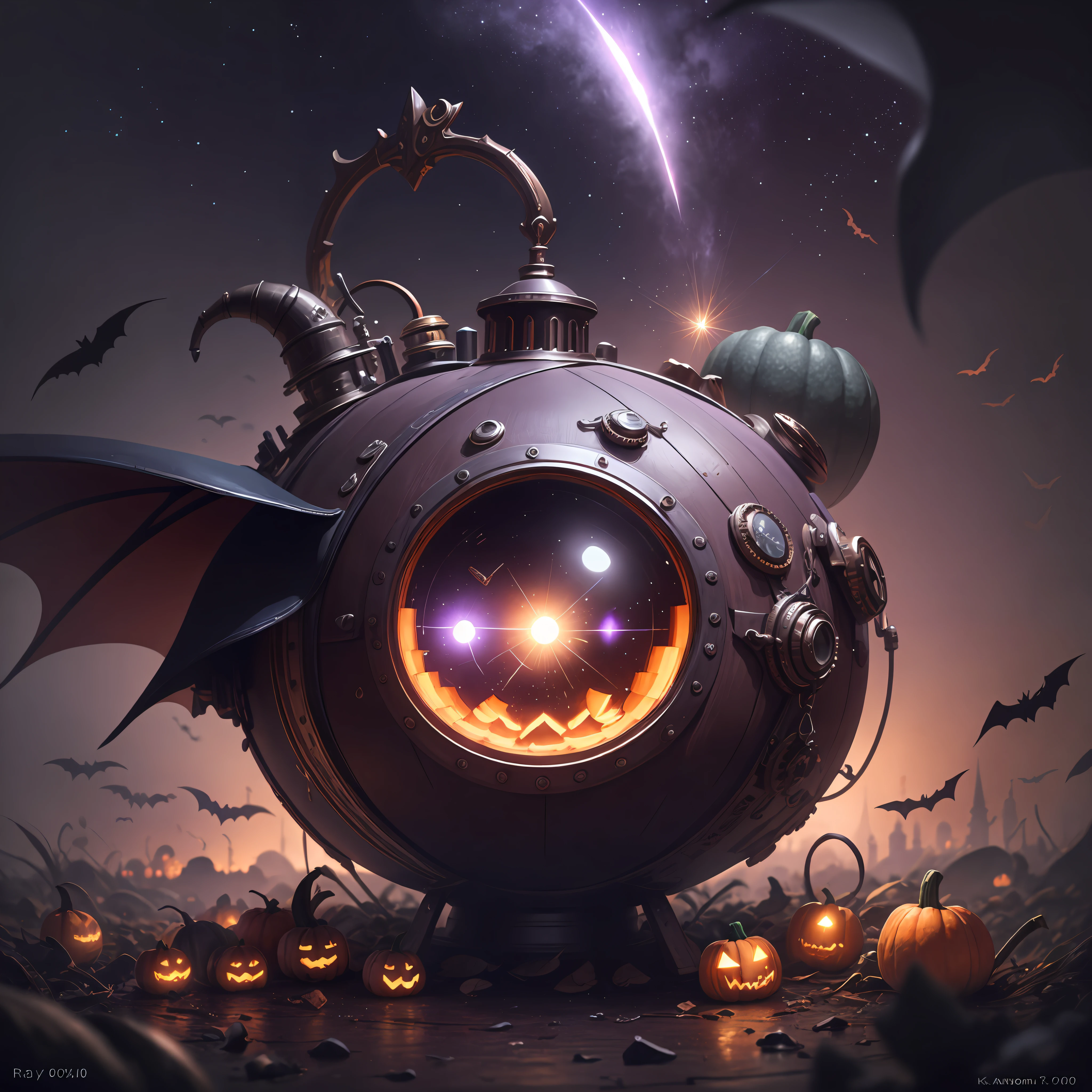 neo-classical, conceptual art, Ray tracing, Sparkle, Ultra-wide angle, kanon, f/4.0, hyper HD, 巨作, Best quality, A high resolution, Award-Awarded, 16k，Alchemy，steampunc，pumpkins，the bats，Flying broom，Purple sky，