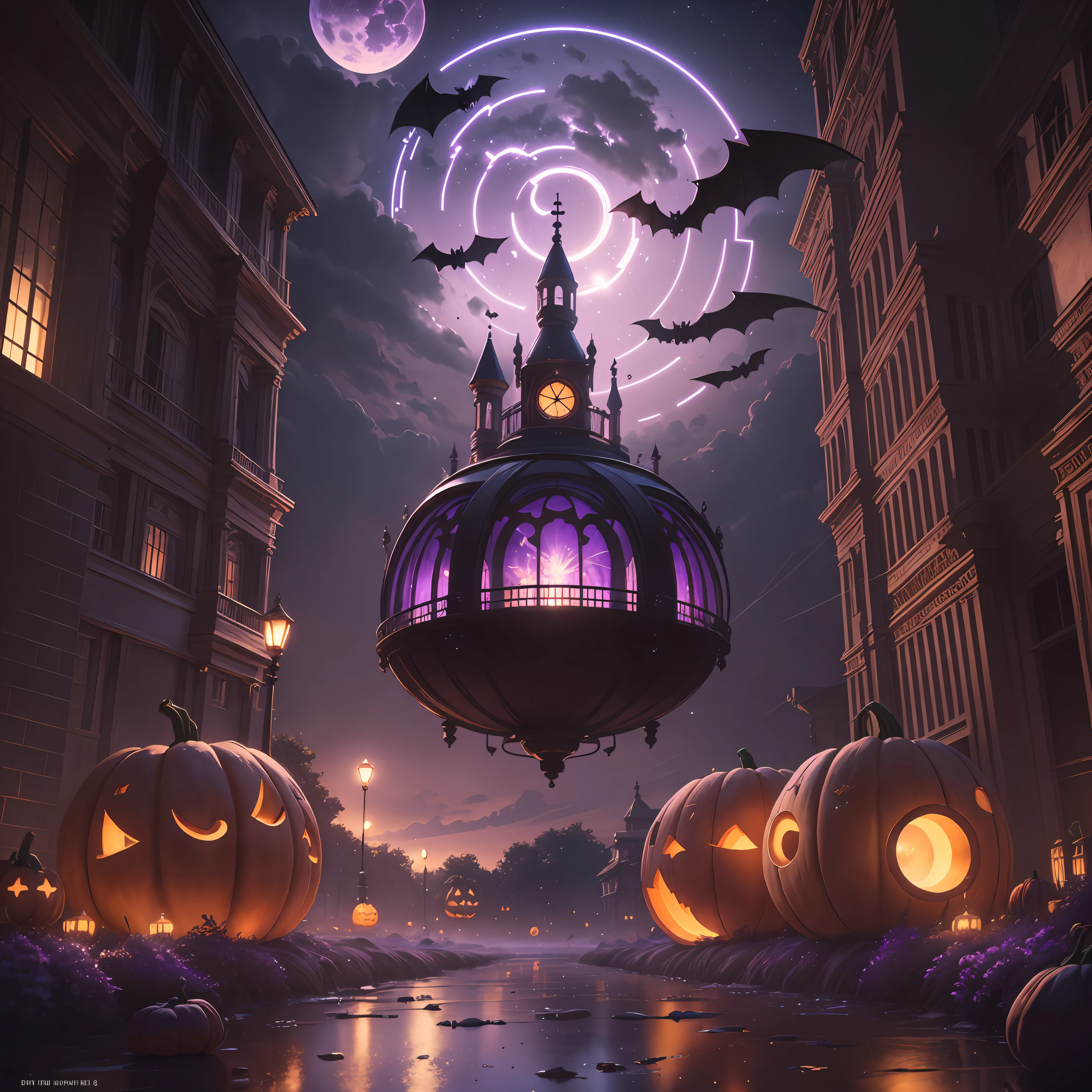 neo-classical, Ray tracing, Sparkle, Ultra-wide angle, kanon, f/4.0, hyper HD, 巨作, Best quality, A high resolution, Award-Awarded, 16k,Alchemy,steampunc,pumpkins,the bats,Flying broom,Purple sky,