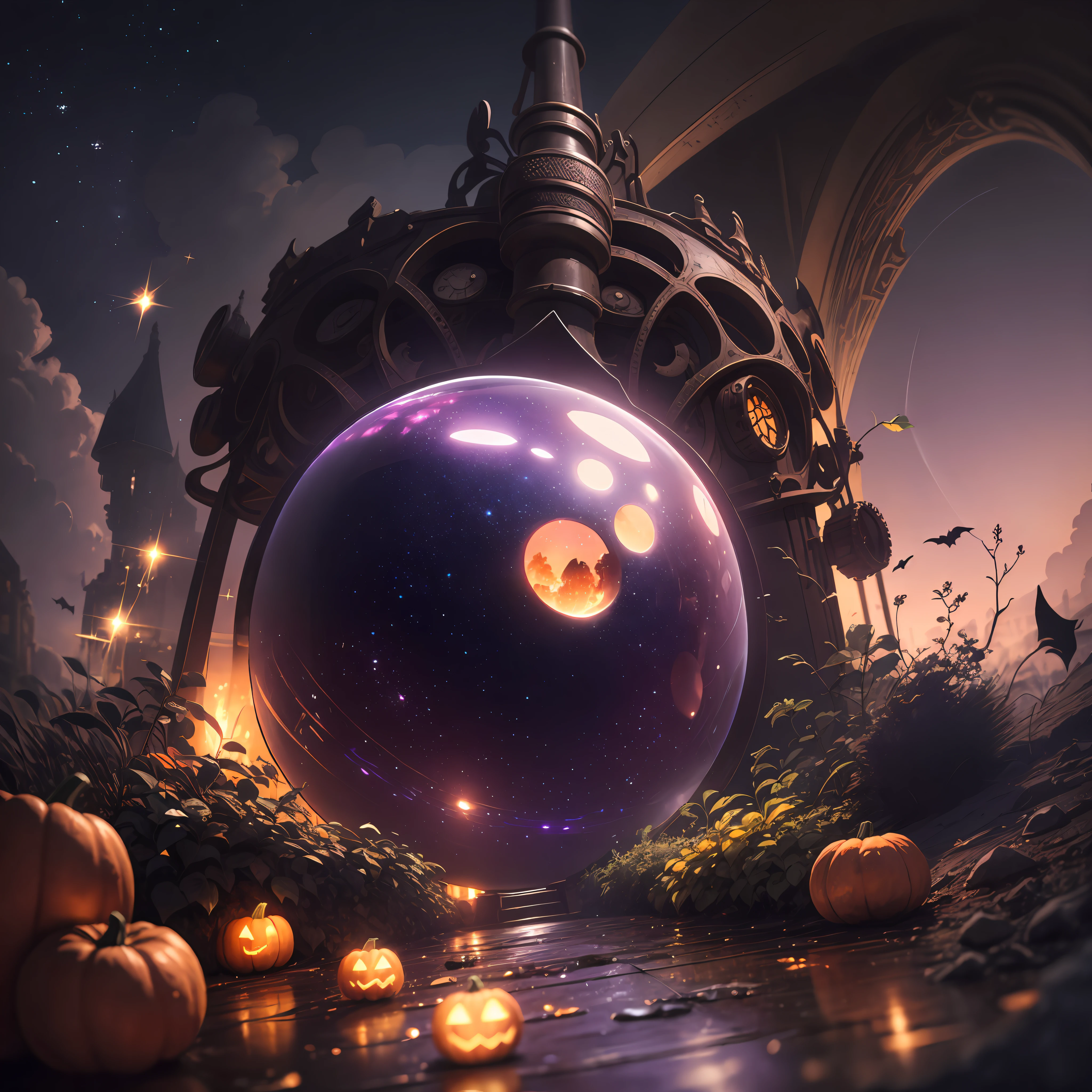 neo-classical, Ray tracing, Sparkle, Ultra-wide angle, kanon, f/4.0, hyper HD, 巨作, Best quality, A high resolution, Award-Awarded, 16k,Alchemy,steampunc,pumpkins,the bats,Flying broom,Purple sky,