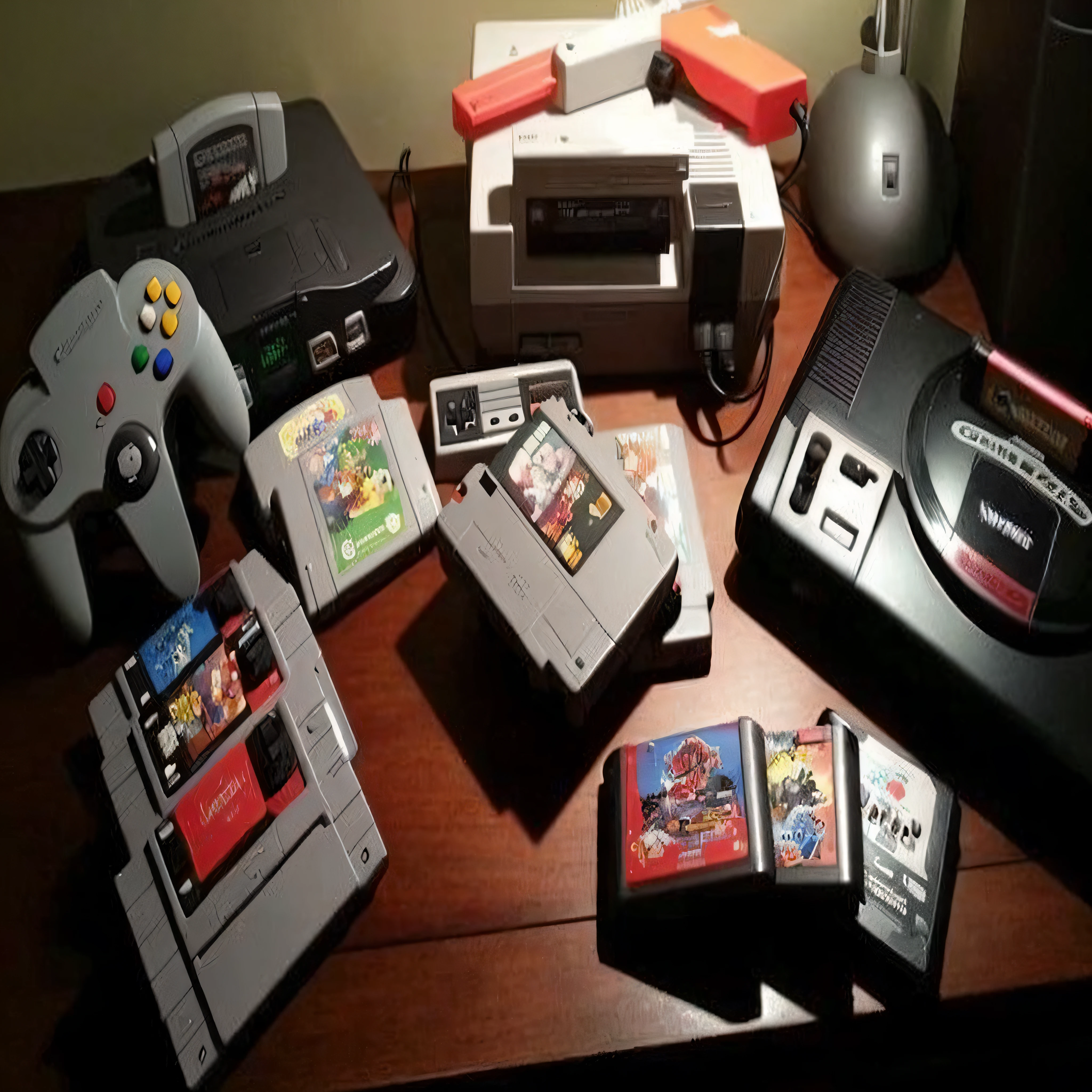 um close up de uma mesa com um monte de controladores de videogame, consoles de videogame, SNES, Super Nintendo, master part!!!, retro gaming, 9 0 s jogos, Jogo de SNES, estilo nintendo, nostalgia dos anos noventa, Nostalgia dos anos 90, master part!!!!, jogo de nintendo, Estilo SNES, SNES Graphics, Dia chuvoso. nintendo64, master part!, hero nintendo world --auto