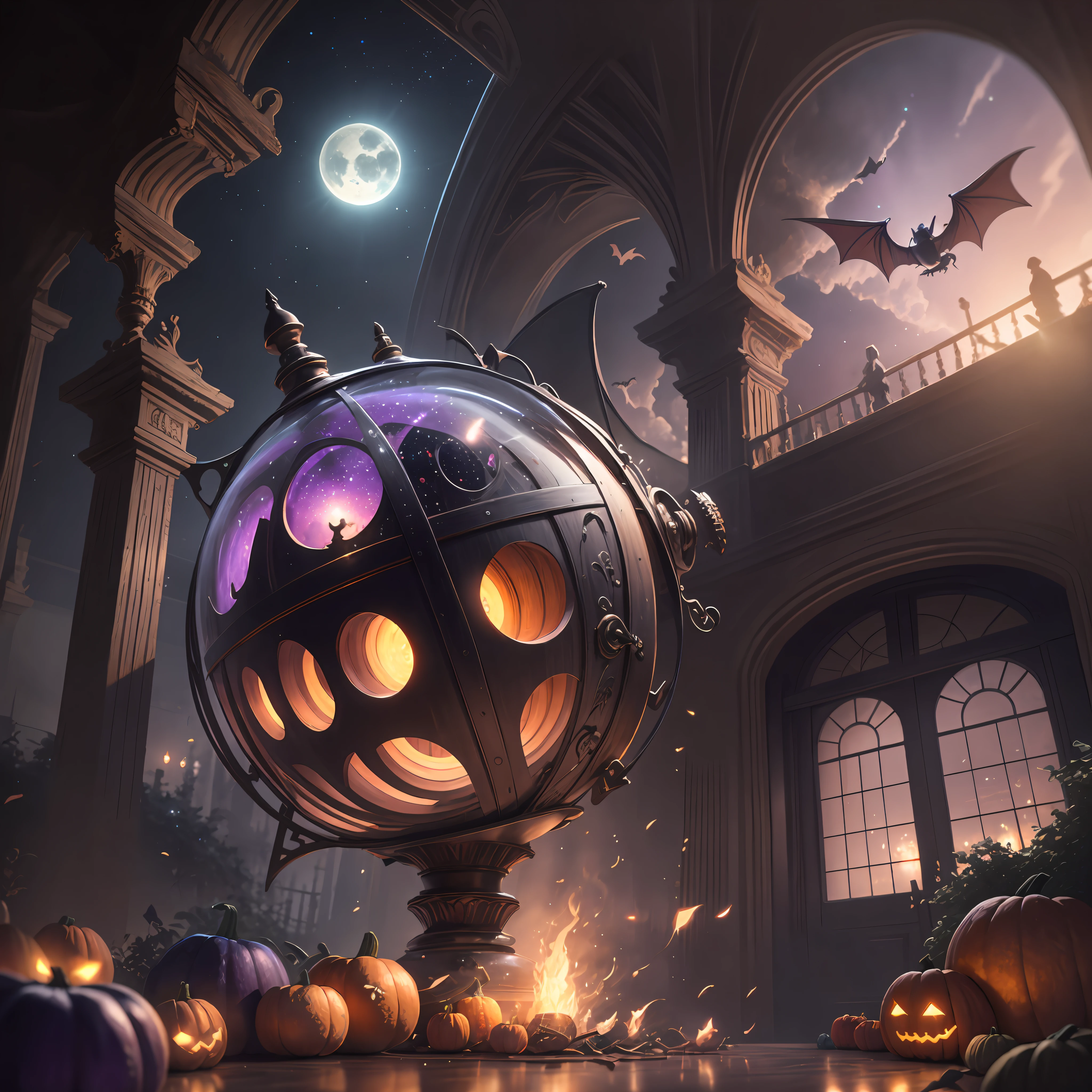 neo-classical, Ray tracing, Sparkle, Ultra-wide angle, kanon, f/4.0, hyper HD, 巨作, Best quality, A high resolution, Award-Awarded, 16k,Alchemy,steampunc,pumpkins,the bats,Flying broom,Purple sky,