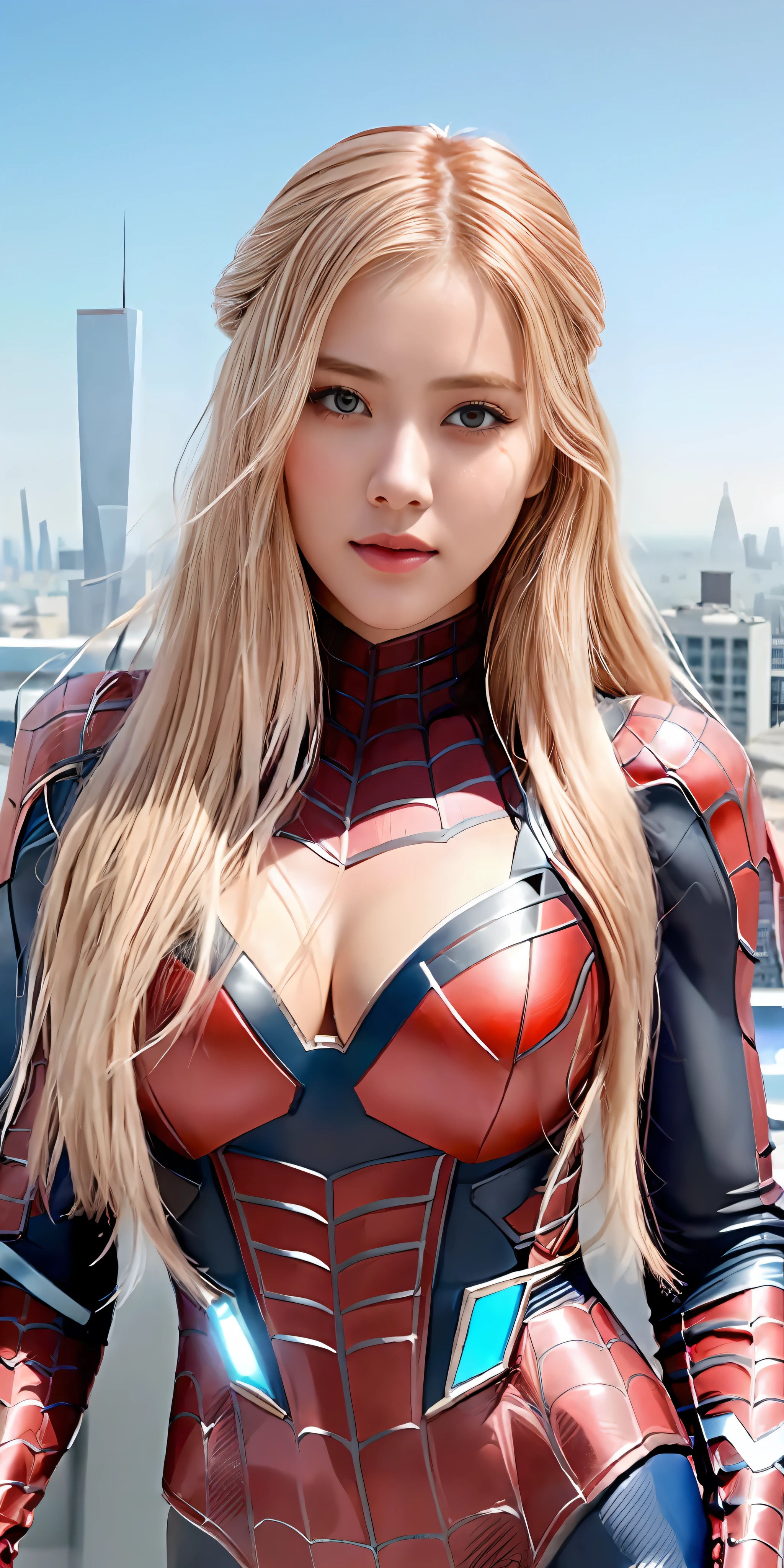 (1girl:1.3), Solo, (((Very detailed face)))), ((Very detailed eyes and face)))), Beautiful detail eyes, Body parts__, Official art, Unified 8k wallpaper, Super detailed, beautiful and beautiful, beautiful, masterpiece, best quality, original, masterpiece, super fine photo, best quality, super high resolution, realistic realism, sunlight, full body portrait, amazing beauty, dynamic pose, delicate face, vibrant eyes, (from the front), She wears Spider-Man suit, red and black color scheme, spider, very detailed city roof background, rooftop, overlooking the city, detailed face, detailed complex busy background, messy, gorgeous, milky white, highly detailed skin, realistic skin details, visible pores, clear focus, volumetric fog, 8k uhd, DSLR, high quality, film grain, fair skin, photo realism, lomography, futuristic dystopian megalopolis, translucent, supermen, flying in city, full body, big breasts, curved buttocks