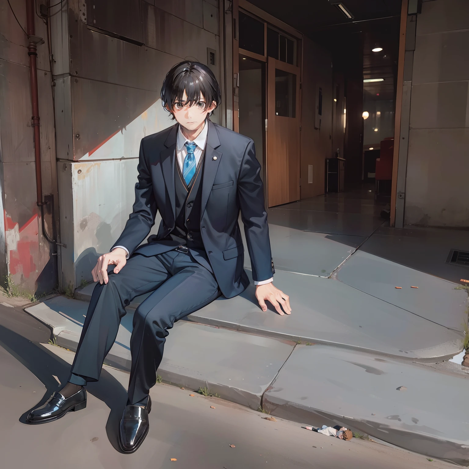 A boy，50yearsold，Three and seven points short black hair，Brown eyes，dressed in a suit，down and out，Solitude，Large wide angle，in a panoramic view，8mm lens
