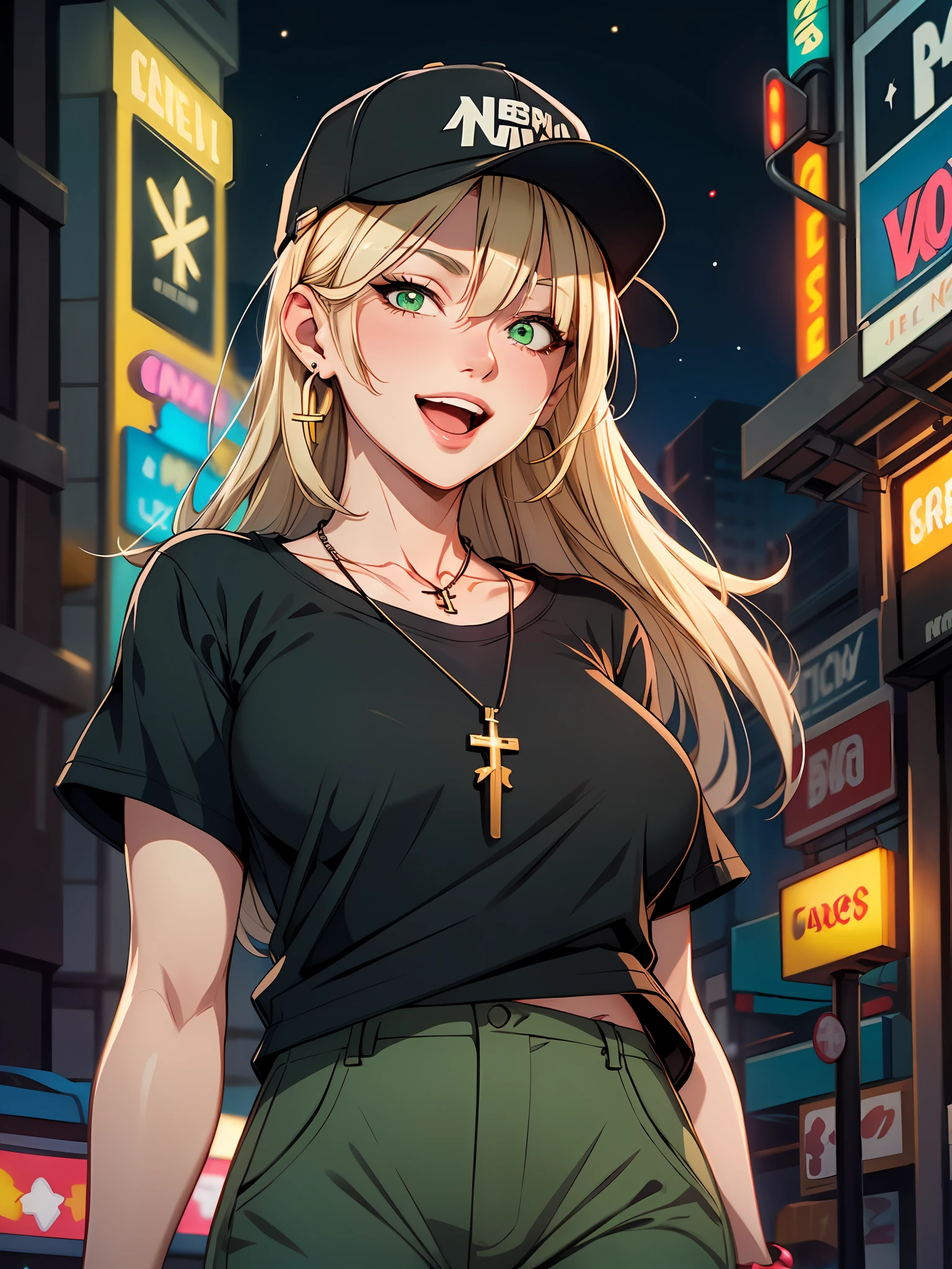 woman, (mature:1.3), blonde, long hair, bangs, hair over one eye, green eyes, cross necklace, cross earrings, uncanny smile, open mouth, Black T-shirt, baseball cap, baggy pants, walking, from below,
outdoors, street, city, night, neon lights,