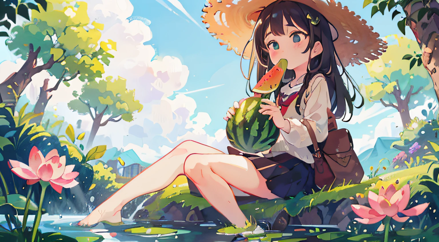 Hunched legs, one hand supporting the grass, best quality, masterpiece, super high resolution, realism, 1girl and 1cat eating watermelon, original photo feeling, blue sky, white clouds, green trees, ponds, lotus flowers.