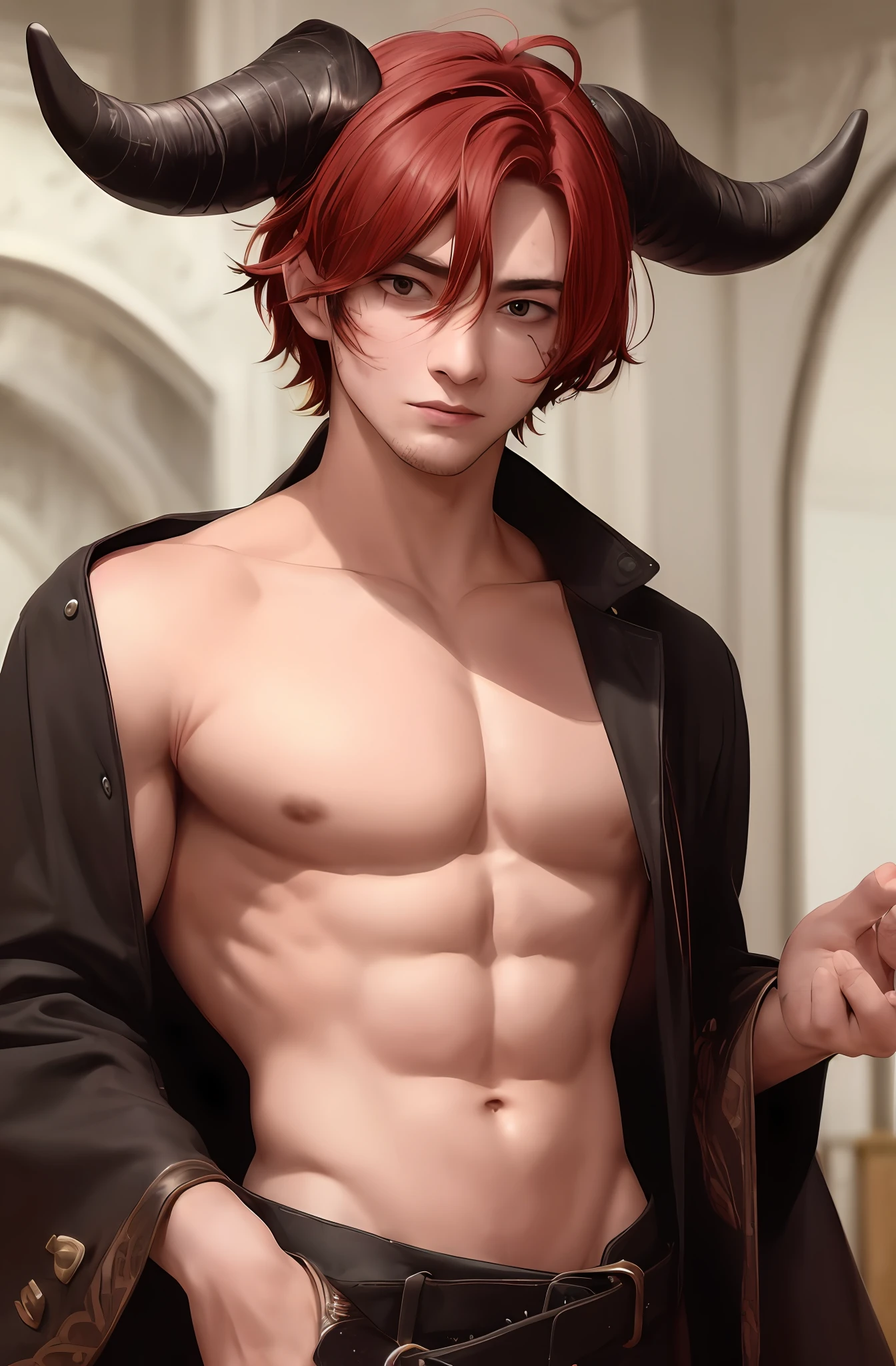 Muscle man wearing thong-shaped panties, hands on panties, pushed down, expression stained