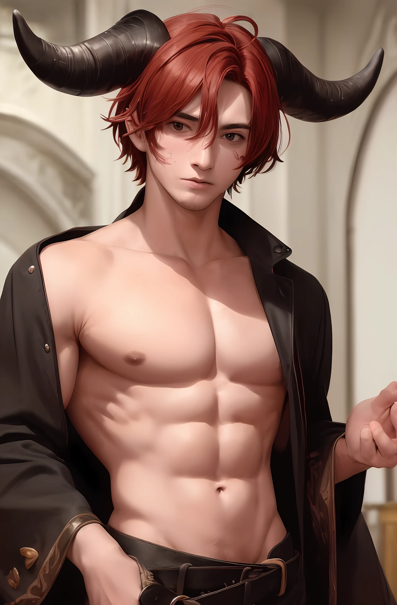 Muscle man wearing thong-shaped panties, hands on panties, pushed down, expression stained