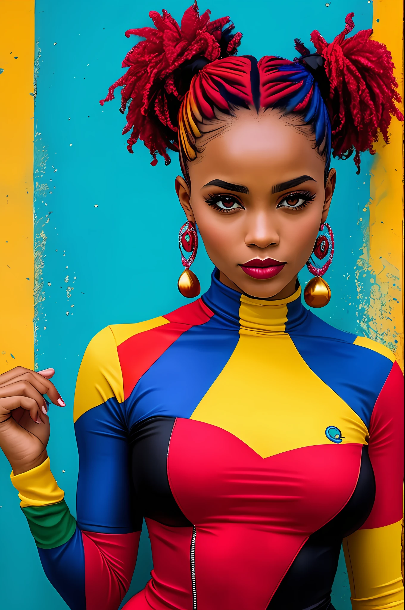 description: Generate an image of Harley Quinn with totally African characteristics, incluindo pele escura, cabelo enrolado e colorido.

Instructions for generating the image:
1. A Arlequina deve ser representada como uma mulher (africana, com pele escura )and facial features that reflect the ethnic and cultural diversity of the African continent.
2. Seu cabelo deve ser naturalmente (enrolado, com cachos definidos e cheios), demonstrando a beleza dos diferentes estilos e texturas de cabelo afro.
3. Hair coloring should be vibrant, usando cores como azul, rosa, verde ou roxo, que combinem harmoniosamente com sua (pele escura )e realcem sua personalidade marcante.
4. Ela deve estar vestindo um traje inspirado na personagem original da Arlequina, with a predominance of black and red colors, azul,amarelo e rosa,but with elements that value the richness of cultural traditions( africanas.)
5. Harley Quinn's pose should be dynamic, reflecting his outgoing and energetic personality, and allowing you to highlight your African identity with confidence.
6. O fundo da imagem pode ser uma paisagem urbana, allusion to a cosmopolitan city, or any scenery that refers to the bustling city, mas com elementos que possam representar a cultura africana de ;, . Enfatize a beleza e a diversidade da cultura africana, providing an empowering image of Harley Quinn in battle in Chaotic scenery)

Contar: Use sensory descriptions to enhance the image, destacando a (textura do cabelo,) os detalhes do traje, the facial expression and atmosphere of the scenery.
 da Arlequina; 16k