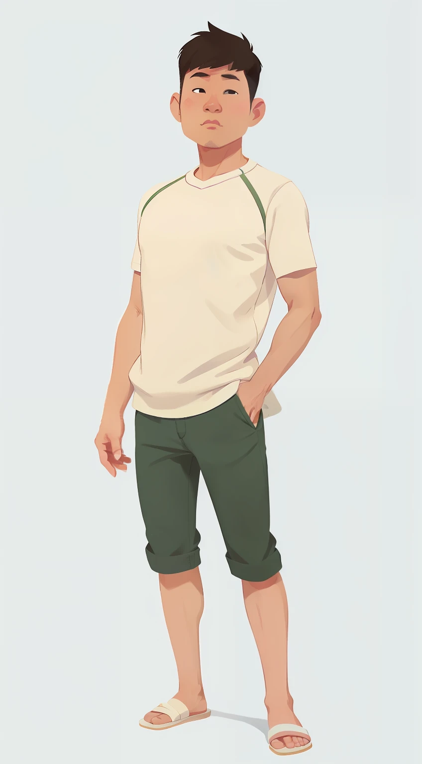 1 man, asian man 40 year old, full body illustration, front view, wearing a white casual singlet, flipflop, skinny body, short green pants, no abs, white background, black skin, short hair