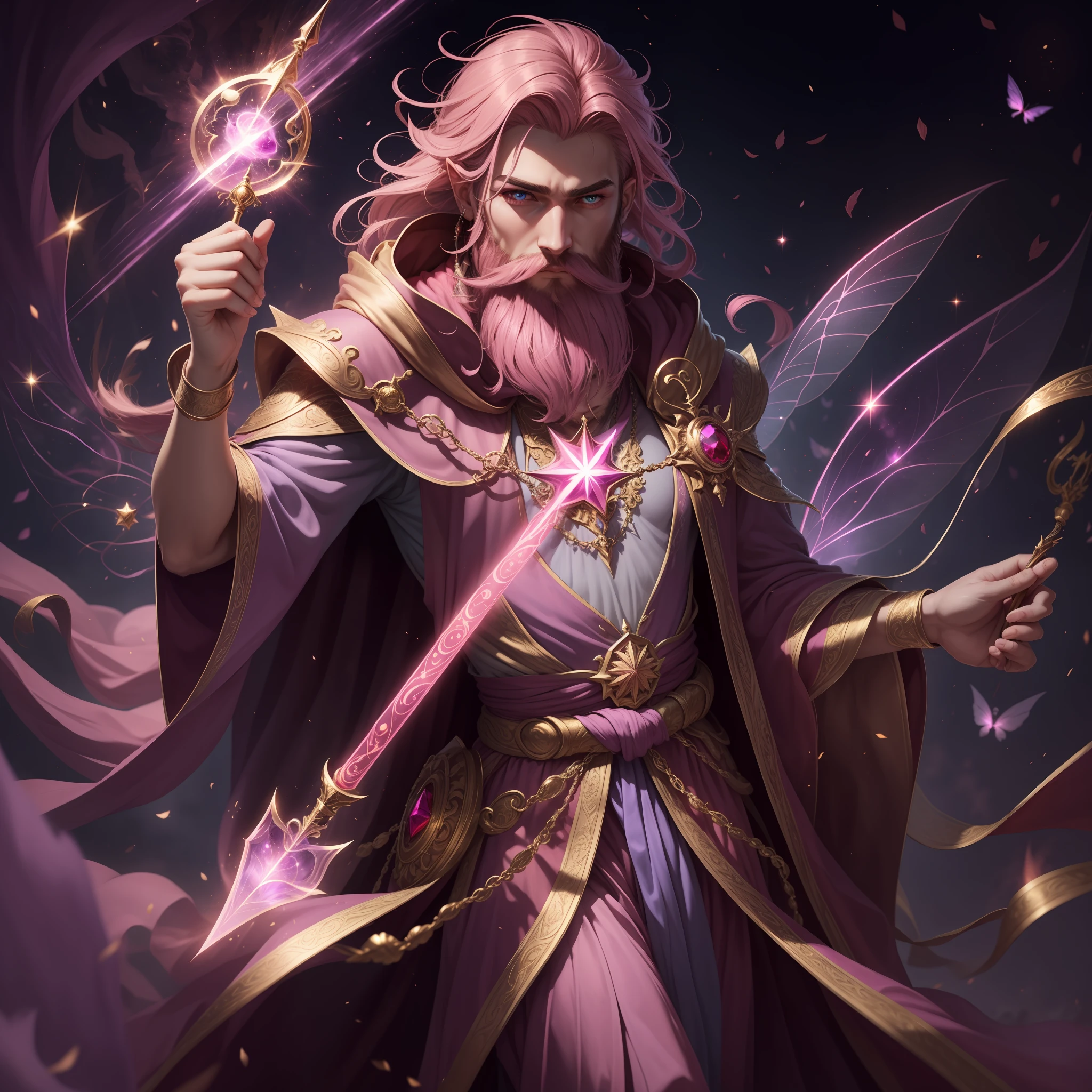 Fairy, male, pink-purple wizard cloak, gold wand with ruby, wizard beard, magic flying all around, masterpiece, best quality