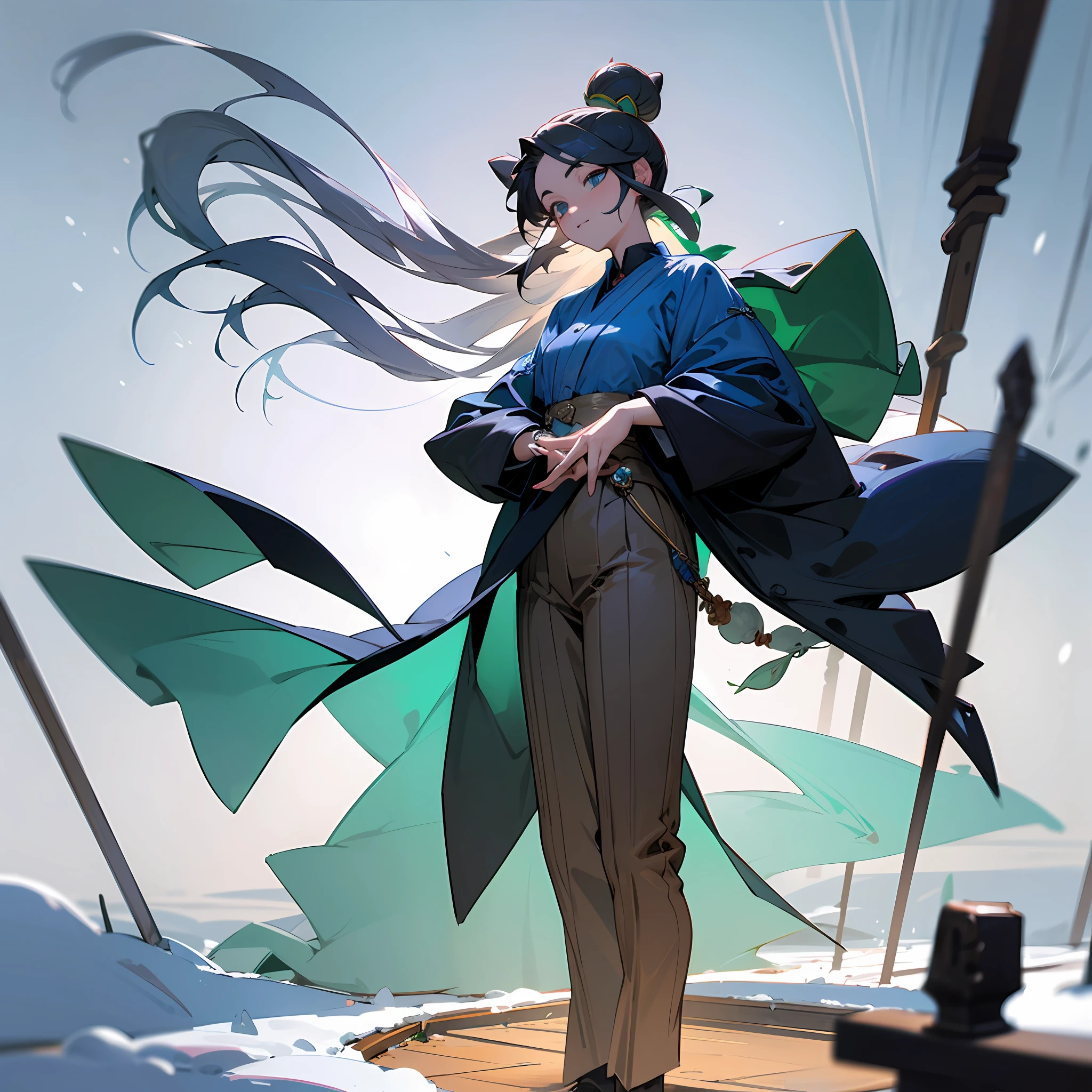 The man was wearing a blue shirt,Come in the snow,Long hair is neatly combed,Disc overhead,Two antique jade hairpins were inserted into the bun,The figure is as leisurely as the wind,Like an immortal --auto
