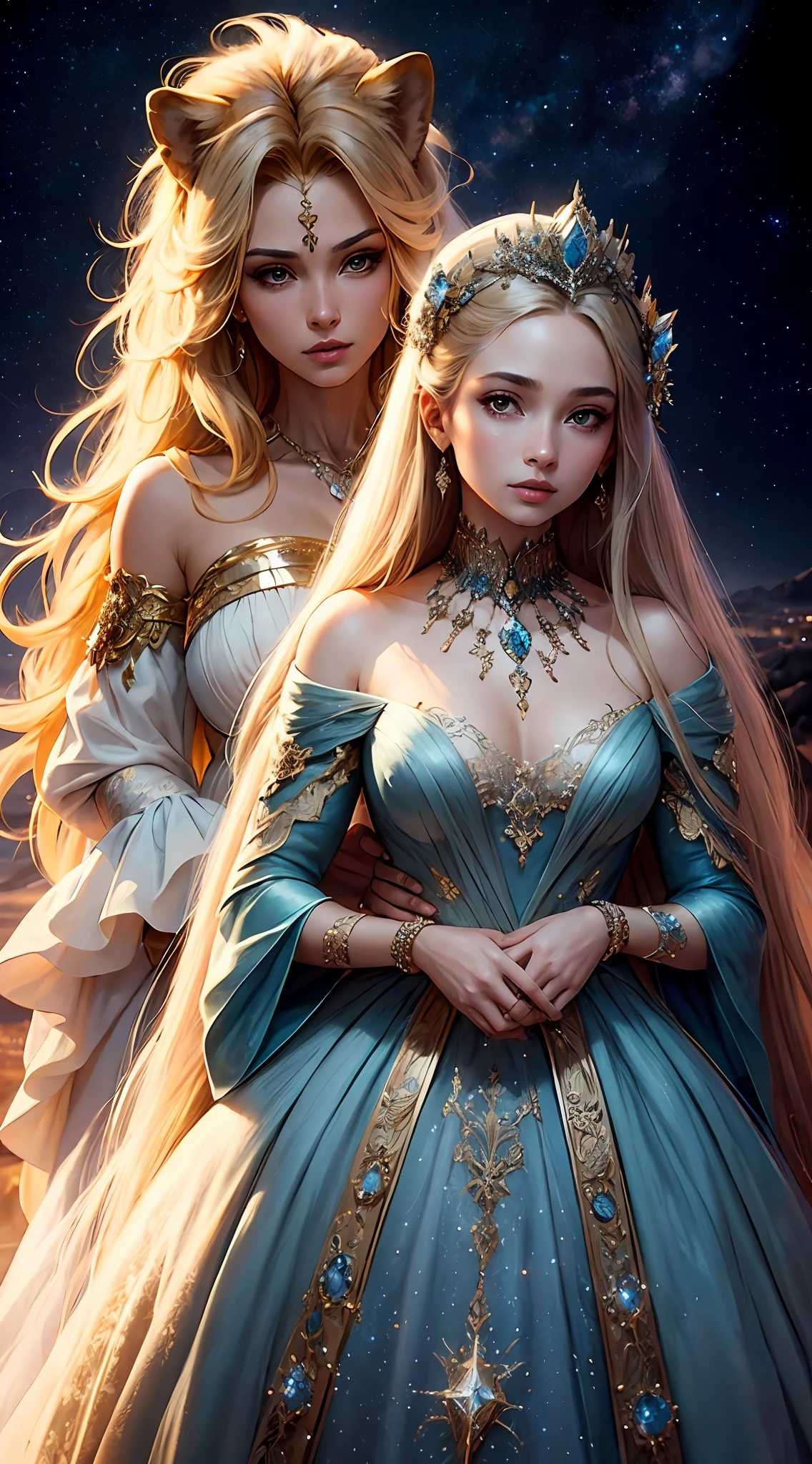 (best images quality),(Extremely detailed description),(Movie lighting),(the Lion:1.5),Beautuful Women(Leo),(Very detailed details of the face),(There is a lion next to the girl:1.5),Blue starry sky,rays of moonlight,As estrelas(Twinkle),universe background,garments(blingbling),(tmasterpiece),(Spectacular effect)