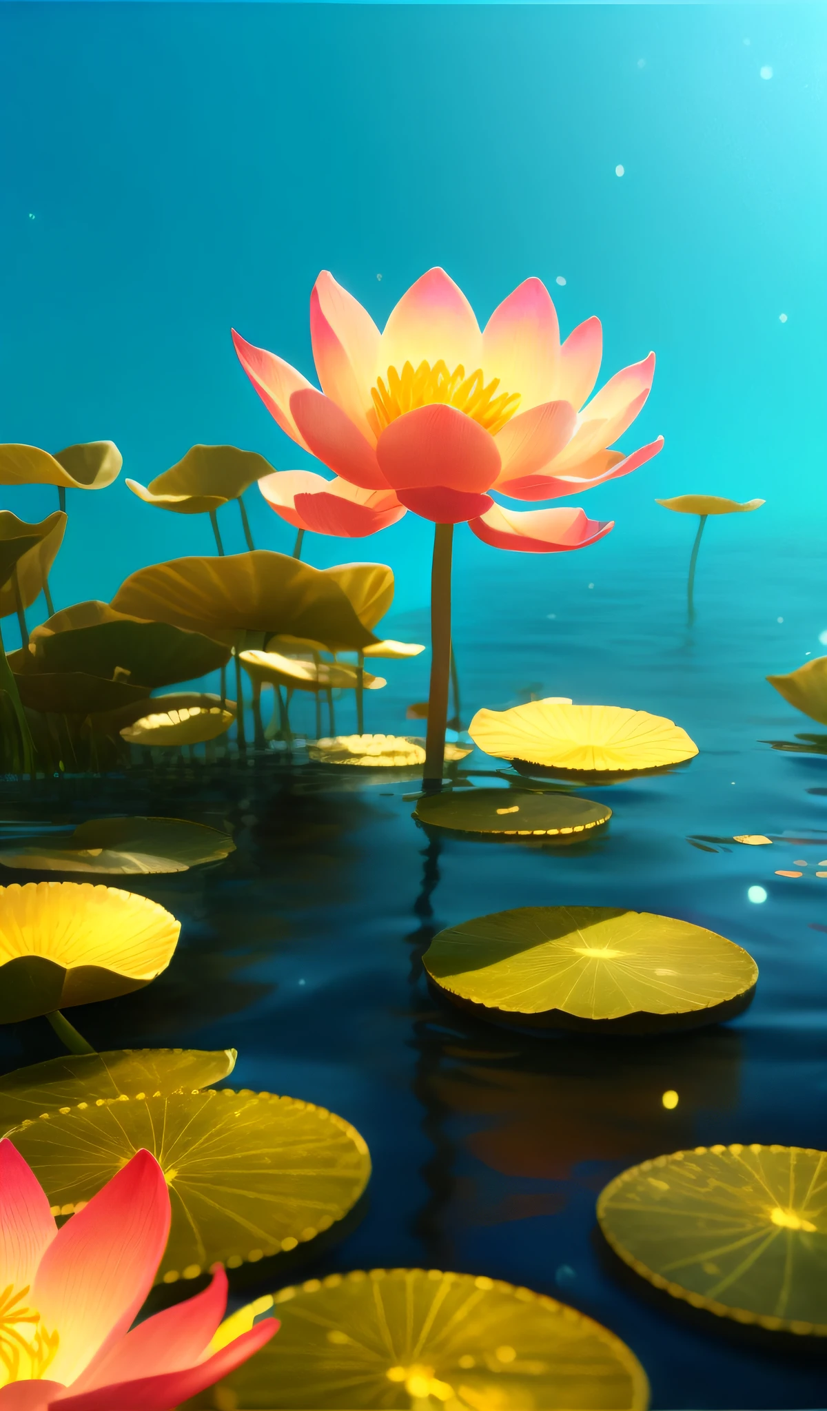 there is a pink flower that is in the water with many coins, lotus pond, beautiful composition 3 - d 4 k, standing on a lotus, animation style render, stylized as a 3d render, sitting on a lotus flower, surreal waiizi flowers, vibrant volumetric natural light, stunning screensaver, stylized 3d render, lotus flowers