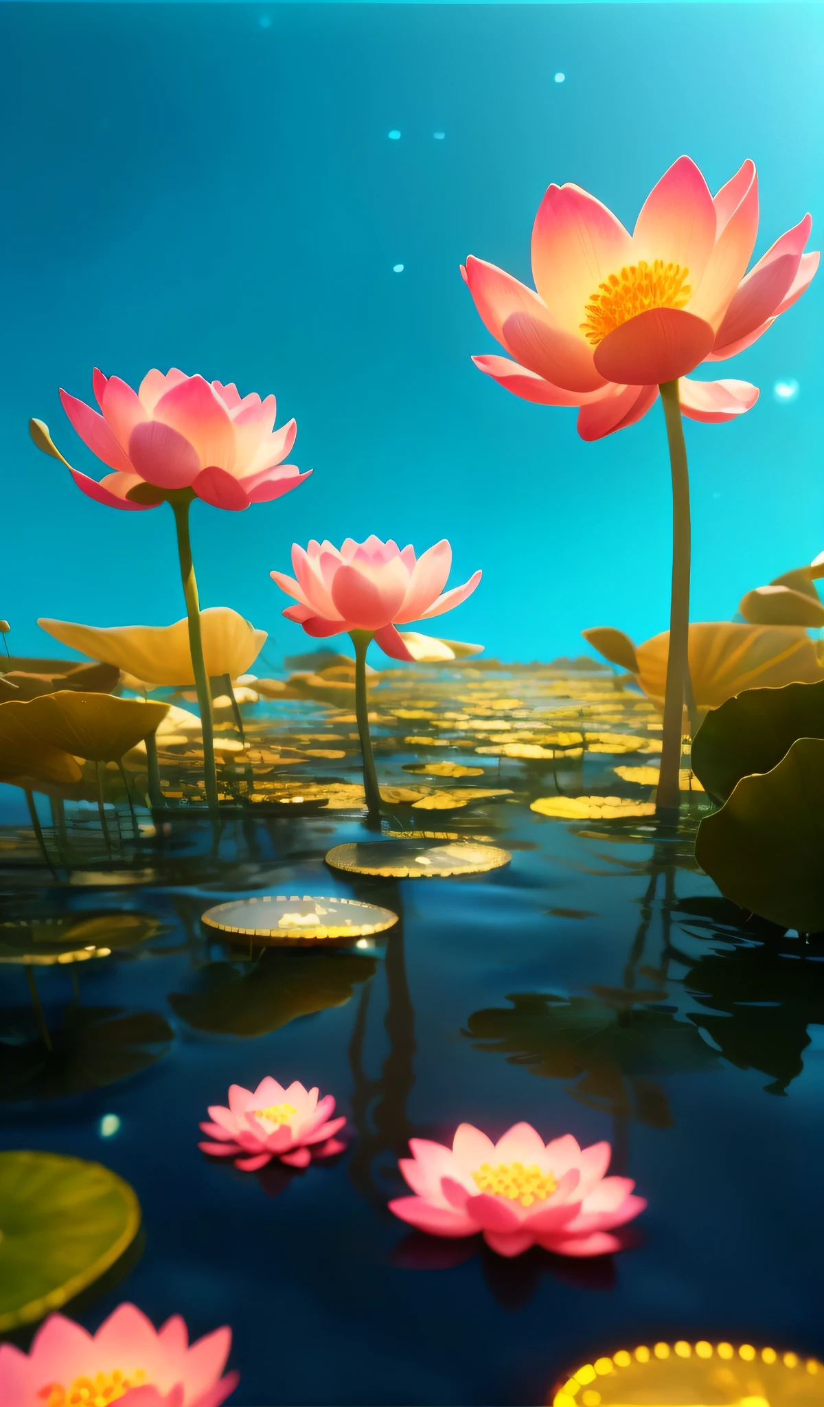 there is a pink flower that is in the water with many coins, lotus pond, beautiful composition 3 - d 4 k, standing on a lotus, animation style render, stylized as a 3d render, sitting on a lotus flower, surreal waiizi flowers, vibrant volumetric natural light, stunning screensaver, stylized 3d render, lotus flowers