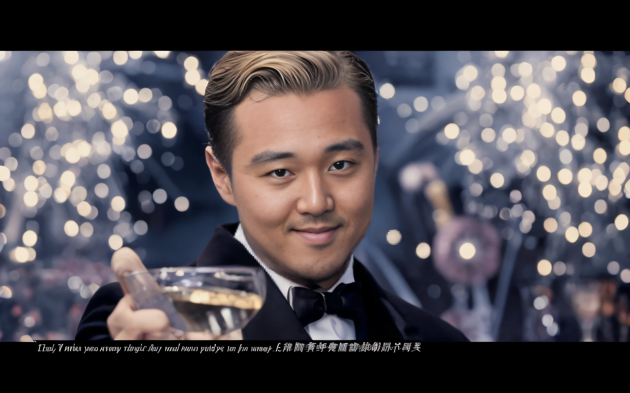 Image of Arafard of a man in a tuxedo holding a glass of wine, Leonardo DiCaprio, "Leonardo DiCaprio, Leonardo DiCaprio's face, Leonardo DiCaprio meme, Wang Chen, Hey, 2014, 2 0 1 4, 2 0 1 5, 2015, Champagne advertising, The Wolf of Wall Street, from china