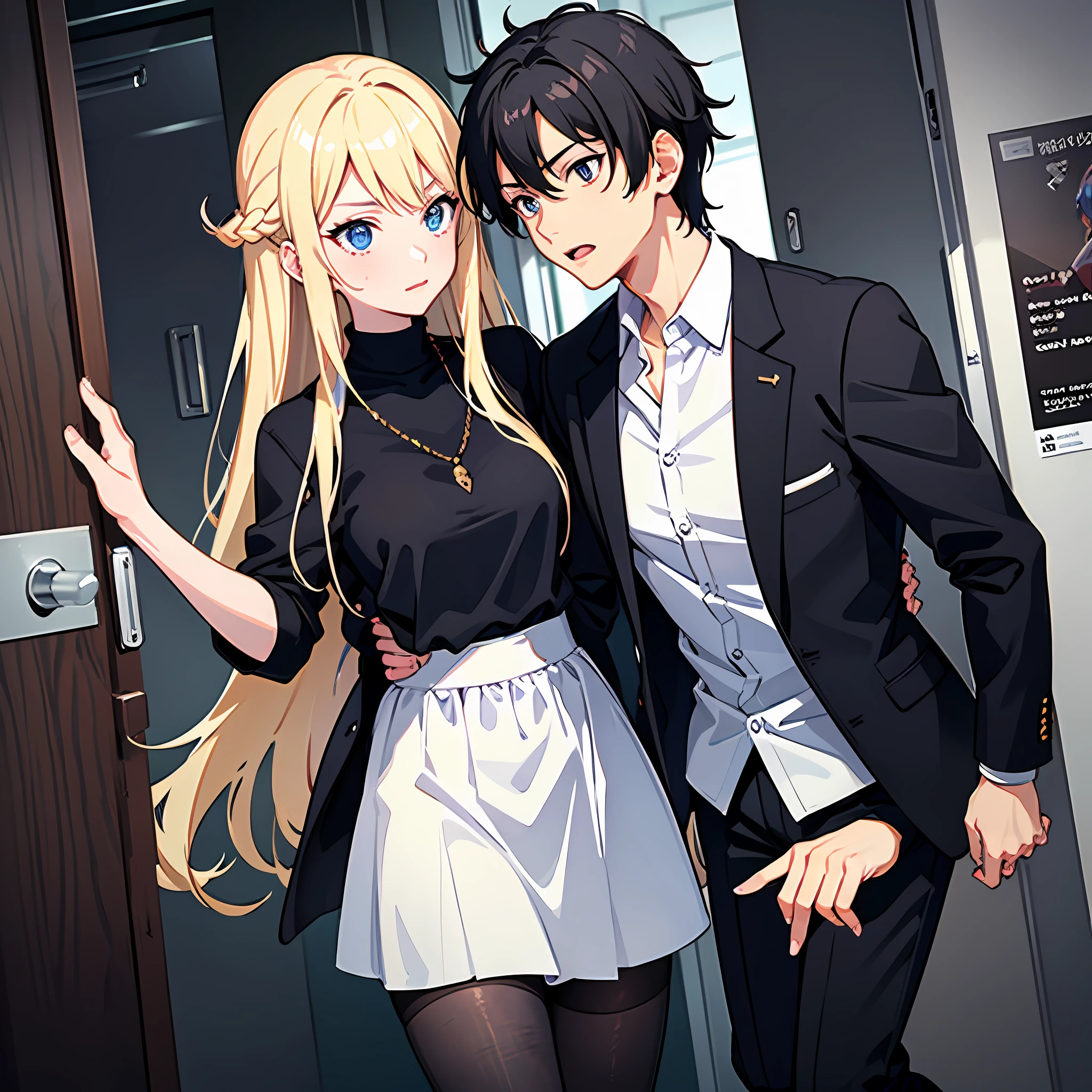 A girl with long fluffy blonde hair and an anime boy with short black hair,Girl wearing a suit with hip skirt and black stockings,Boy in white T-shirt,At the bathroom door,The girl walked towards the door,The boy took the girl's hand,inspirado em Okumura Masanobu,Ultra-detailed CG,exquisite facial features,Clear facial expressions,detailed digital anime art,digital anime art,High Quality Anime Art Style