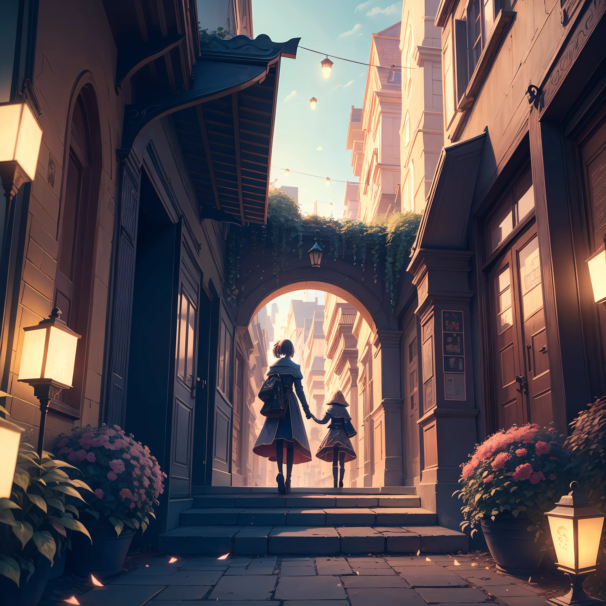 ，NOhumans，trpical garden，Shade lights，Sky lantern，Volumetriclighting，Plant branches and leaves，color difference，lightand shade contrast，visual novel key visual, key art, anime key visual concept, Epic light novel art cover, key visual, anime key art, anime key visual of elegant, light novel cover art, Key anime art, anime background key visual, anime key visual concept art of, Official anime artwork, Anime main visual effects "Small lanterns --auto